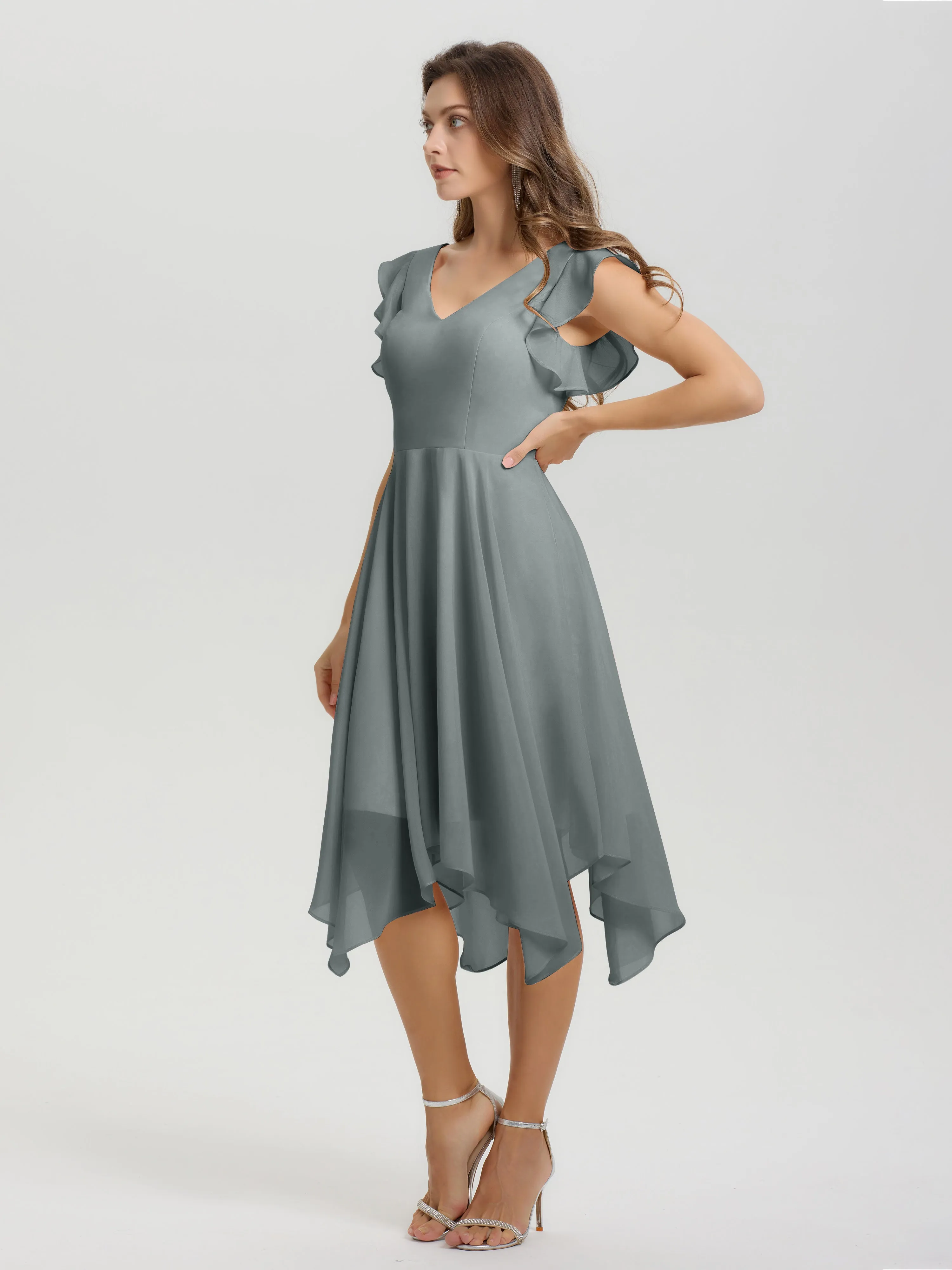 Ruffle Sleeves V-neck Asymmetrical Tea Length Chiffon Bridesmaid Dresses