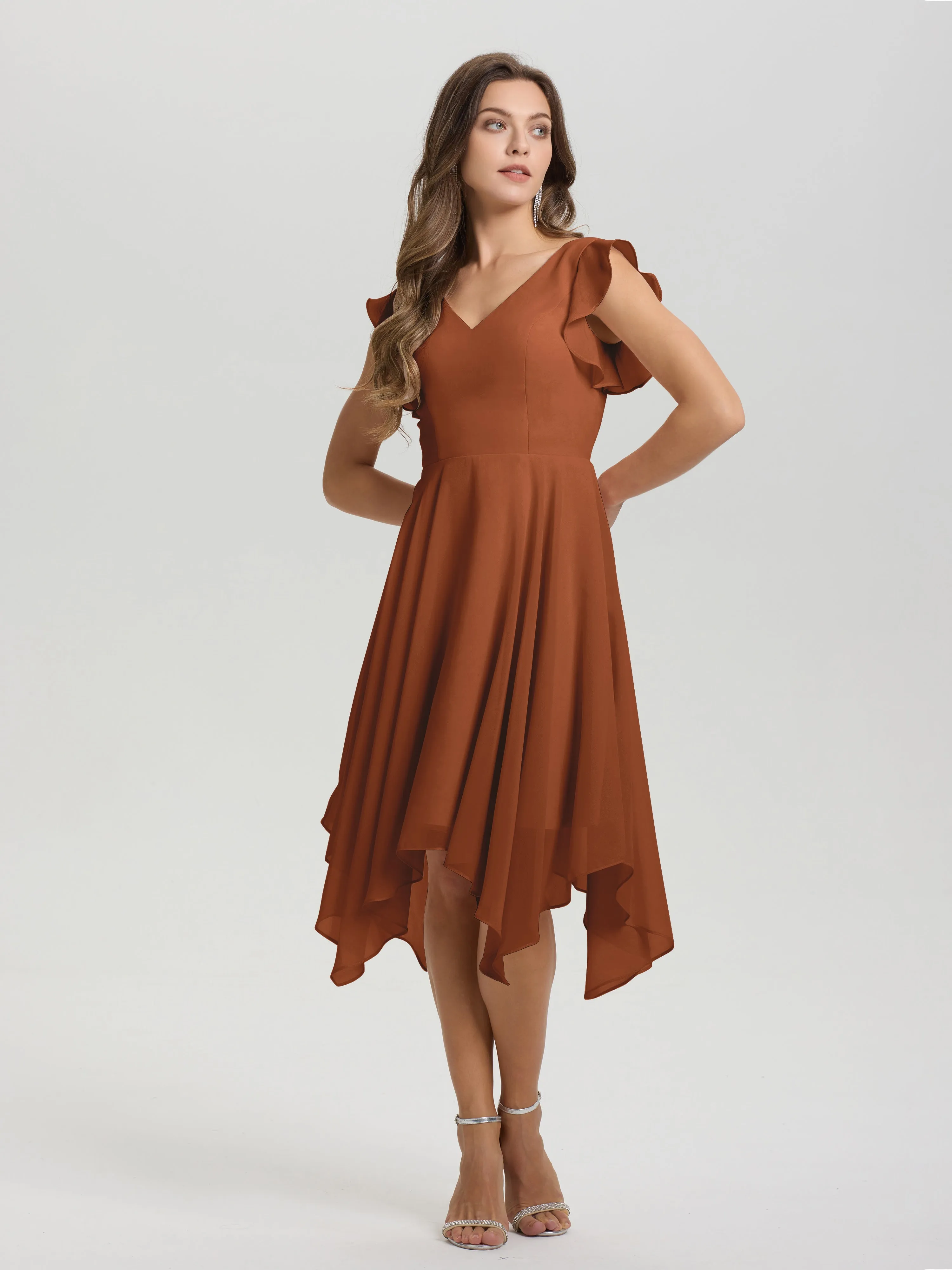 Ruffle Sleeves V-neck Asymmetrical Tea Length Chiffon Bridesmaid Dresses