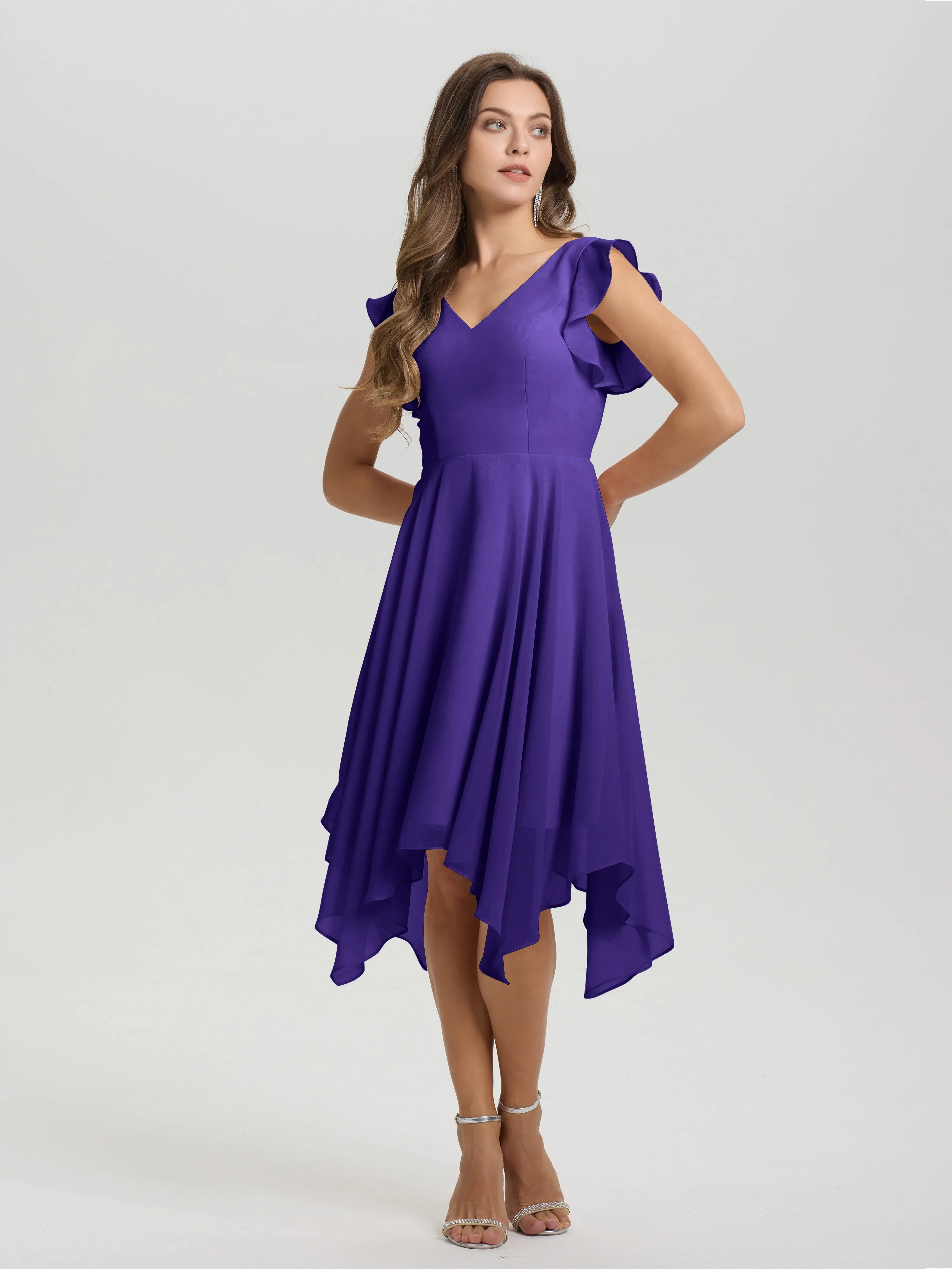 Ruffle Sleeves V-neck Asymmetrical Tea Length Chiffon Bridesmaid Dresses
