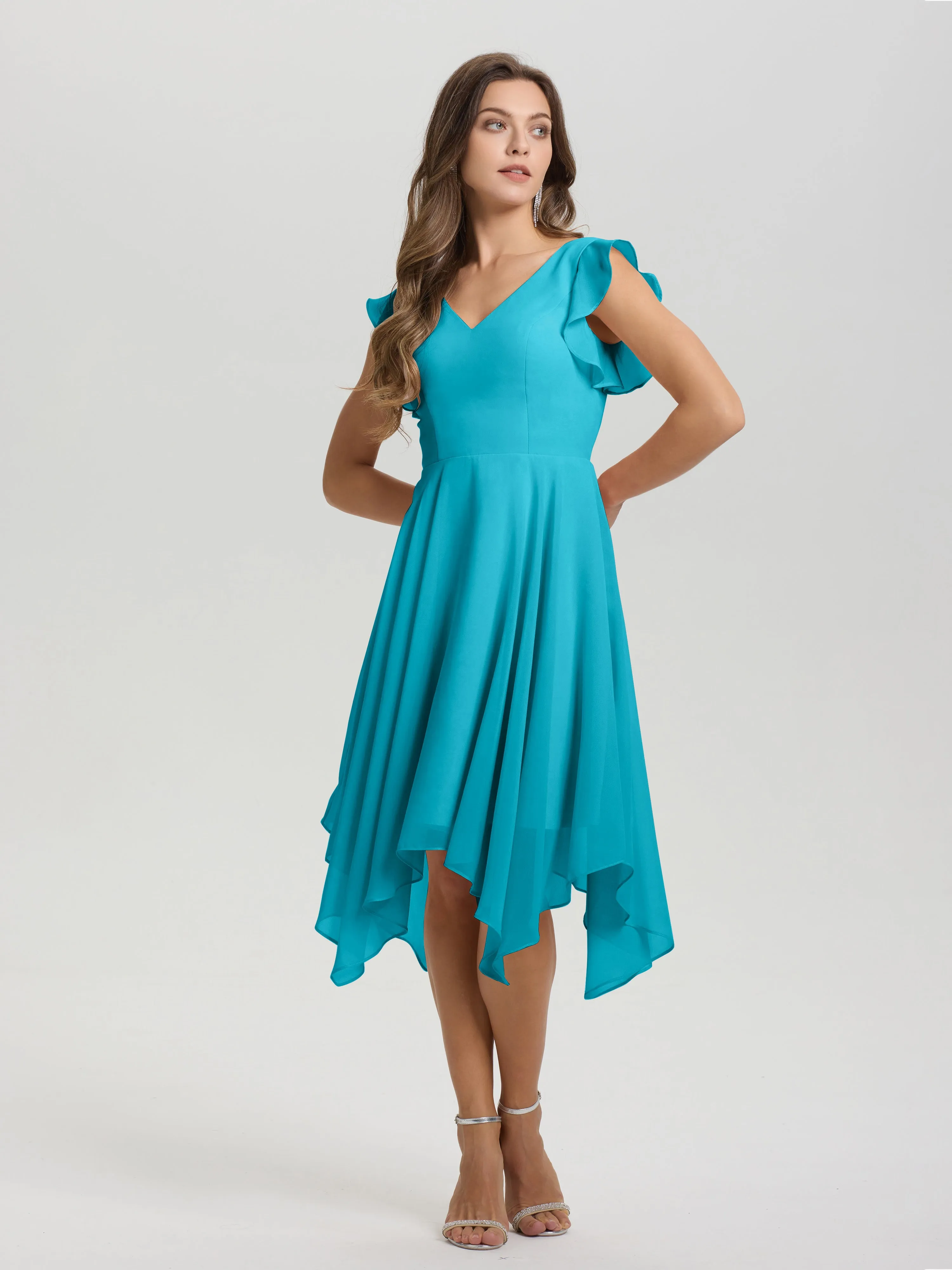 Ruffle Sleeves V-neck Asymmetrical Tea Length Chiffon Bridesmaid Dresses