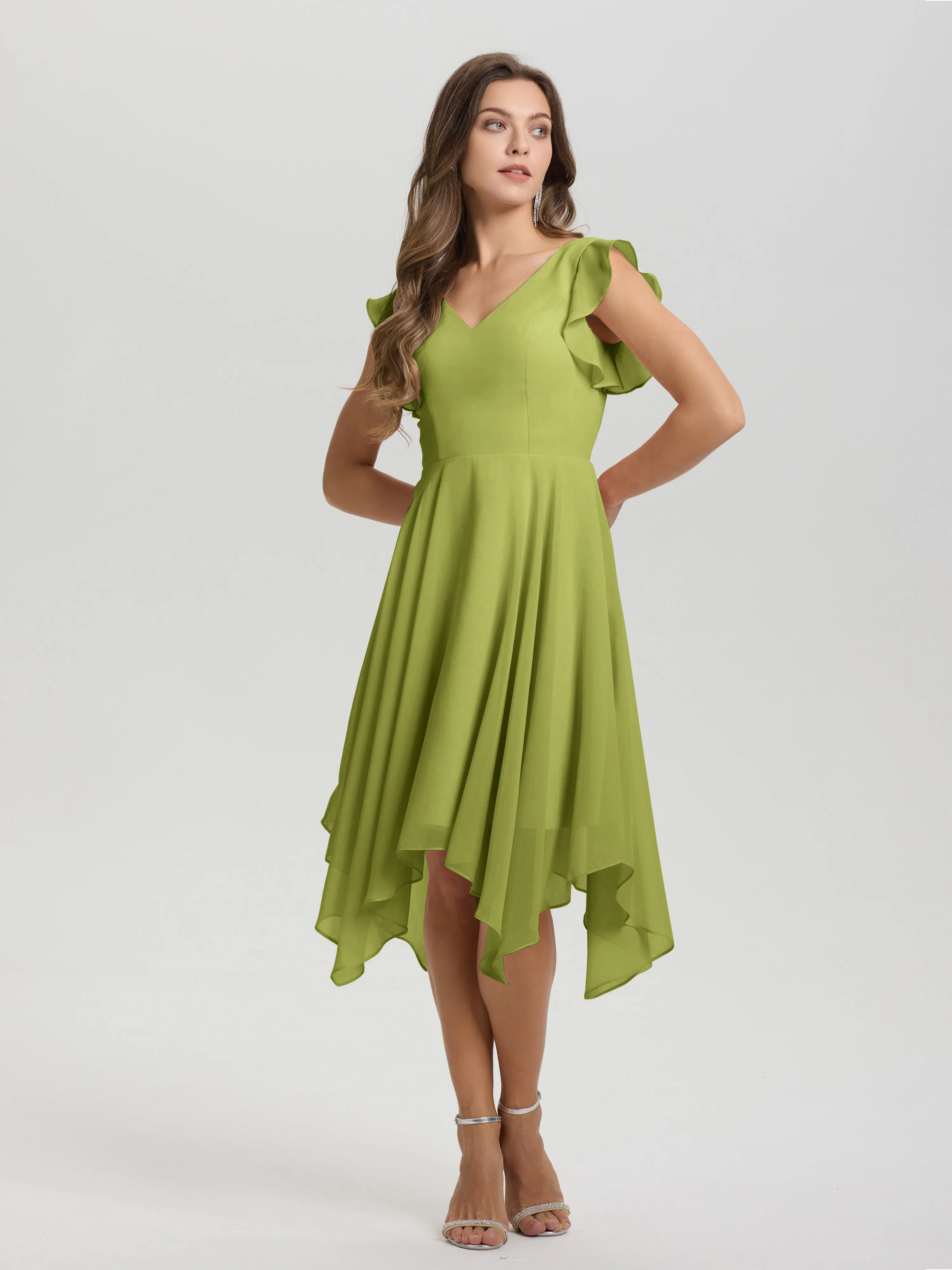Ruffle Sleeves V-neck Asymmetrical Tea Length Chiffon Bridesmaid Dresses