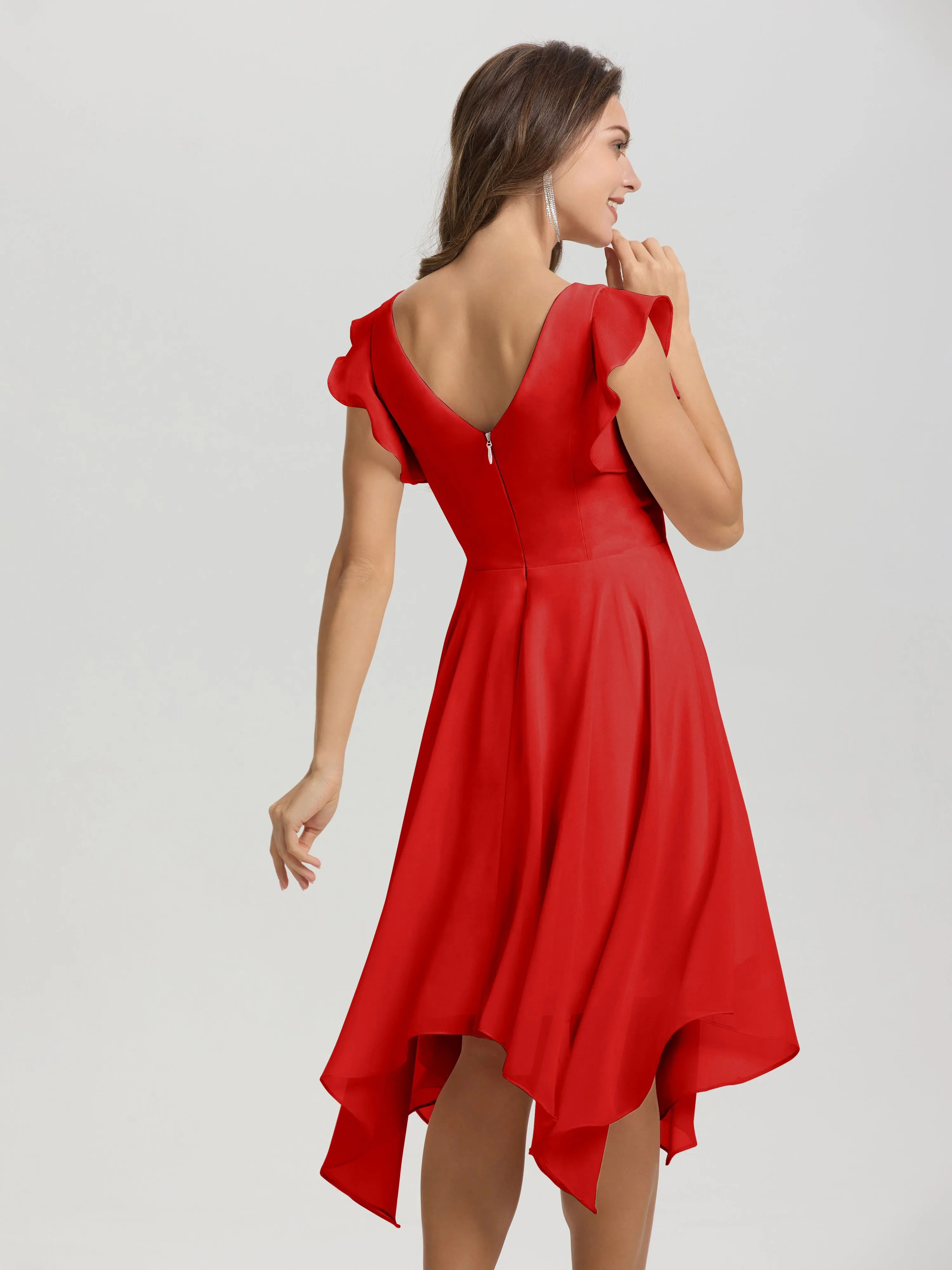 Ruffle Sleeves V-neck Asymmetrical Tea Length Chiffon Bridesmaid Dresses