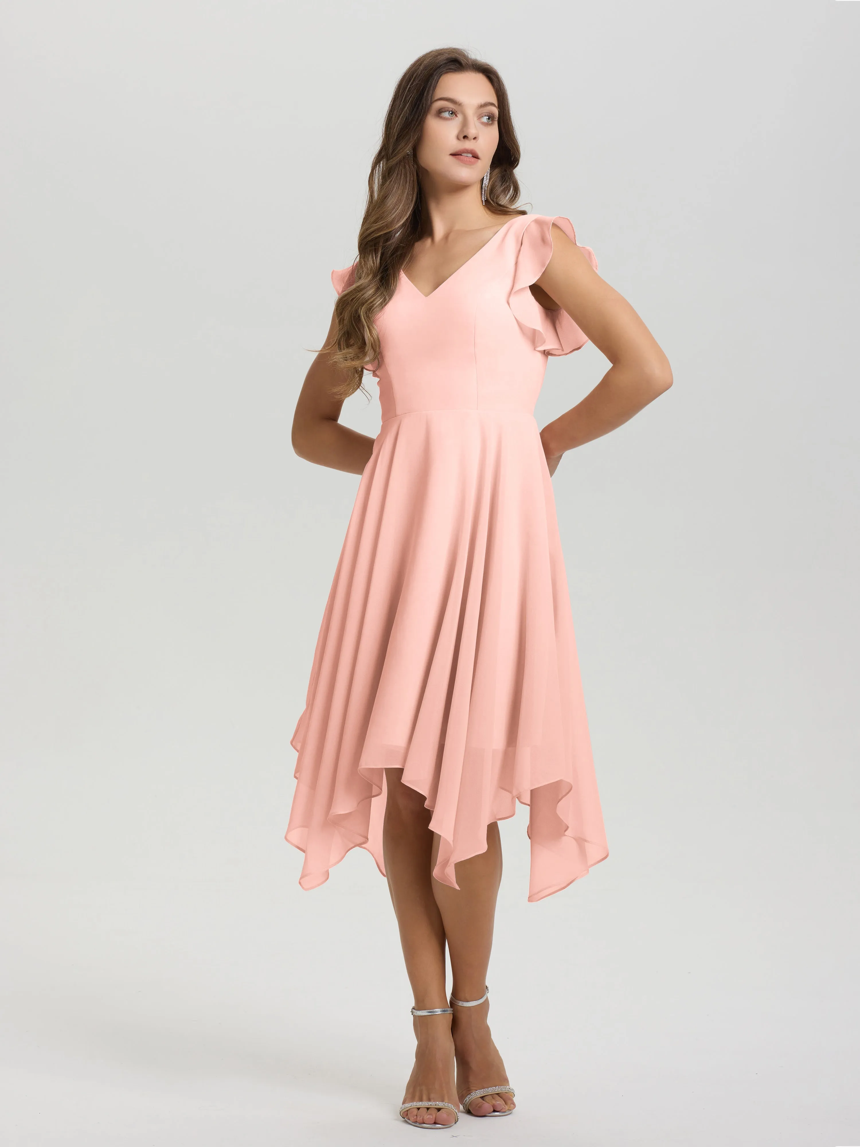 Ruffle Sleeves V-neck Asymmetrical Tea Length Chiffon Bridesmaid Dresses