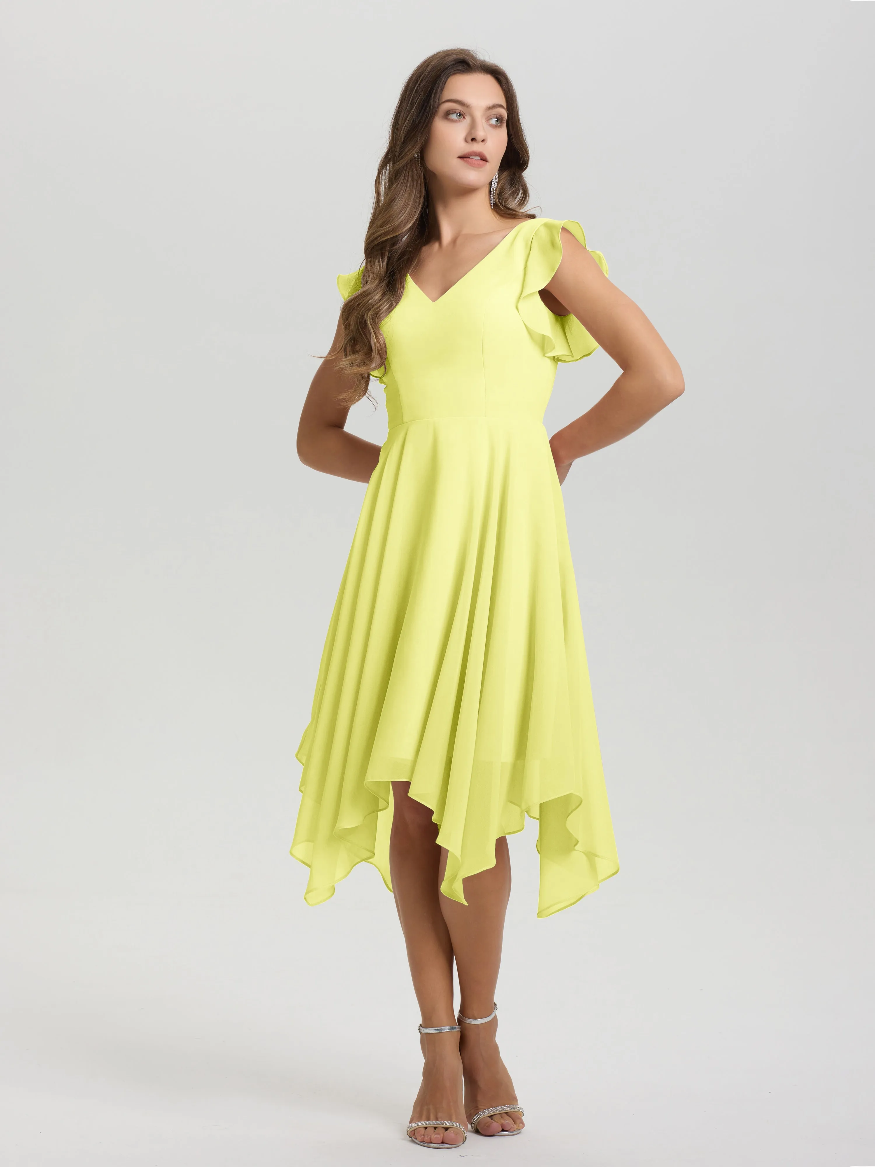 Ruffle Sleeves V-neck Asymmetrical Tea Length Chiffon Bridesmaid Dresses