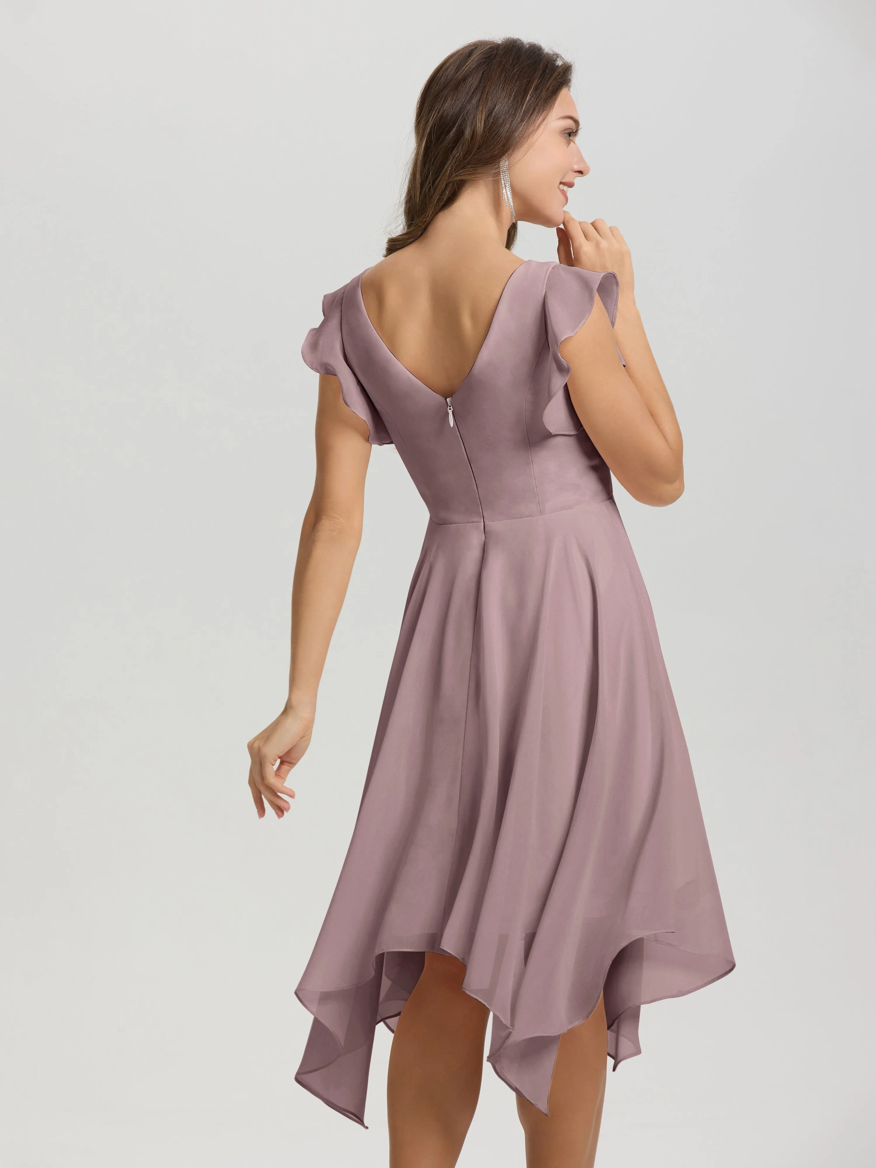 Ruffle Sleeves V-neck Asymmetrical Tea Length Chiffon Bridesmaid Dresses