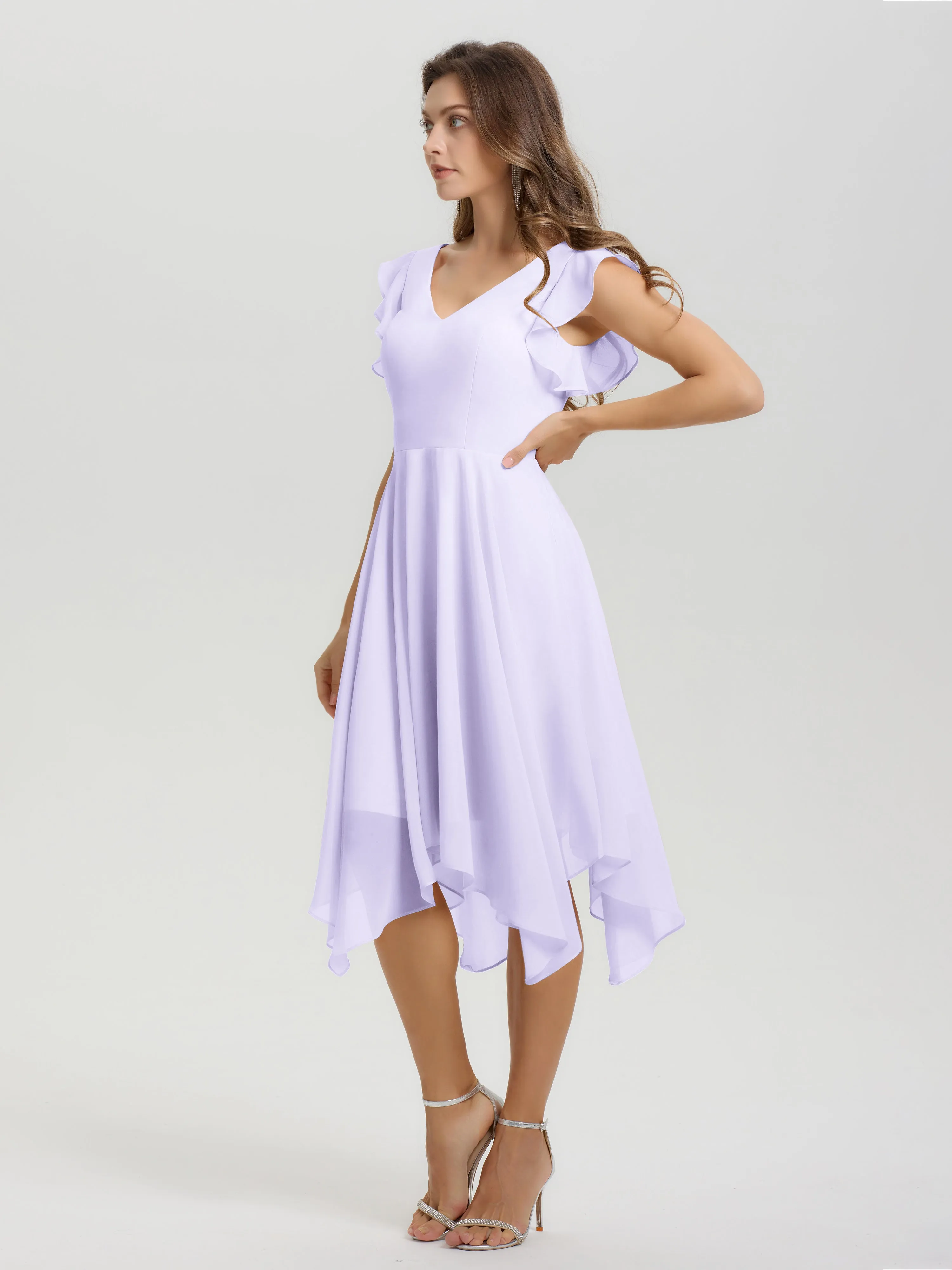 Ruffle Sleeves V-neck Asymmetrical Tea Length Chiffon Bridesmaid Dresses