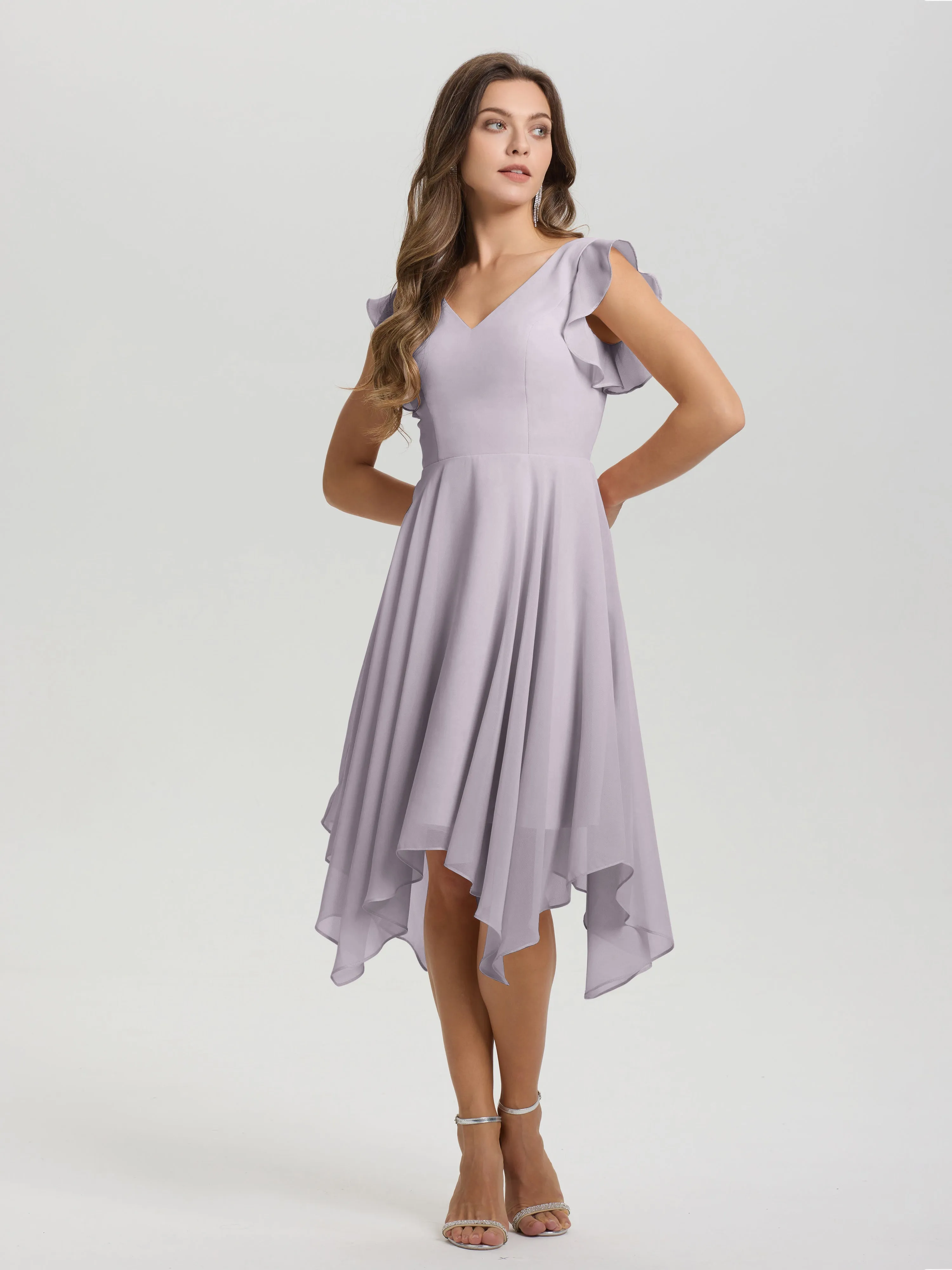 Ruffle Sleeves V-neck Asymmetrical Tea Length Chiffon Bridesmaid Dresses