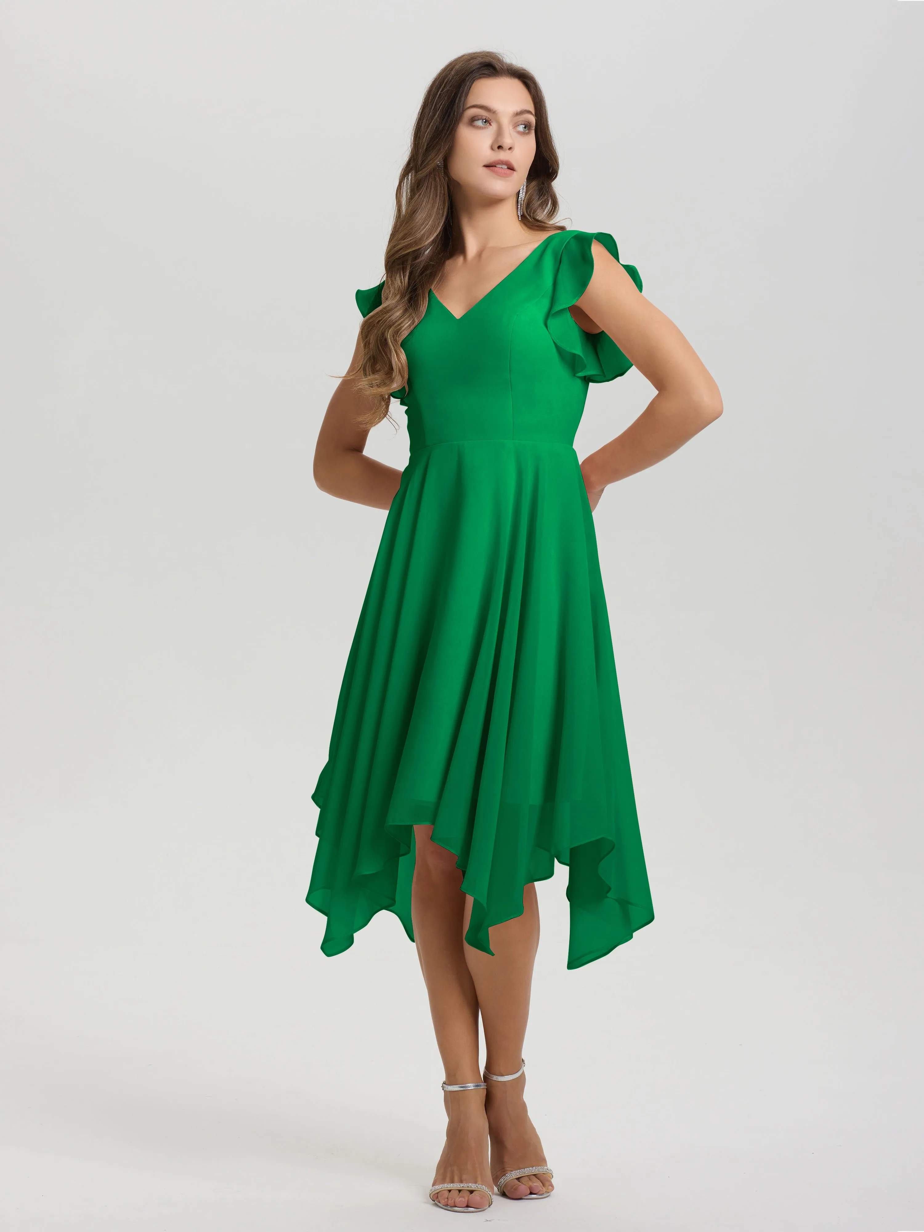 Ruffle Sleeves V-neck Asymmetrical Tea Length Chiffon Bridesmaid Dresses