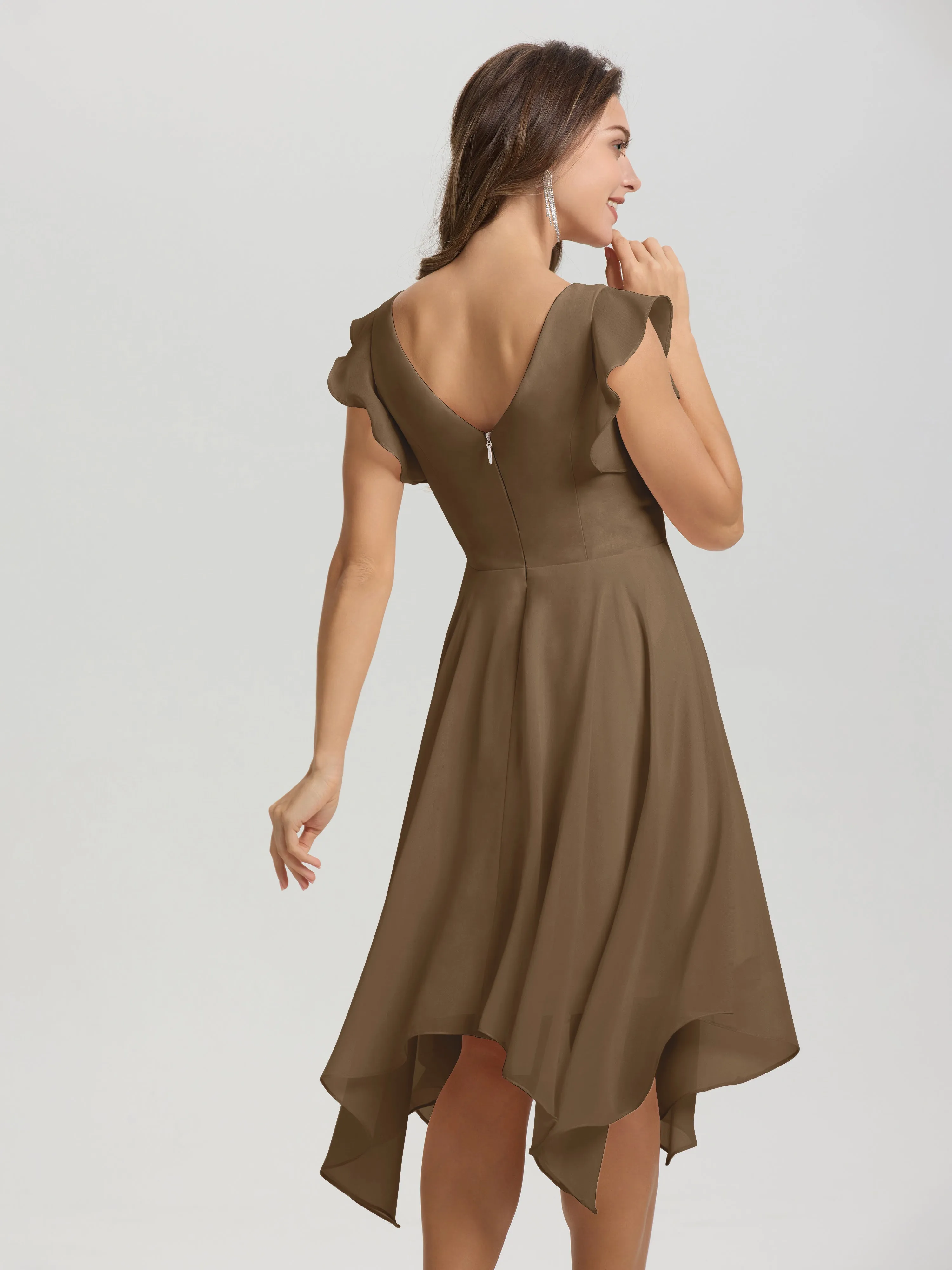 Ruffle Sleeves V-neck Asymmetrical Tea Length Chiffon Bridesmaid Dresses