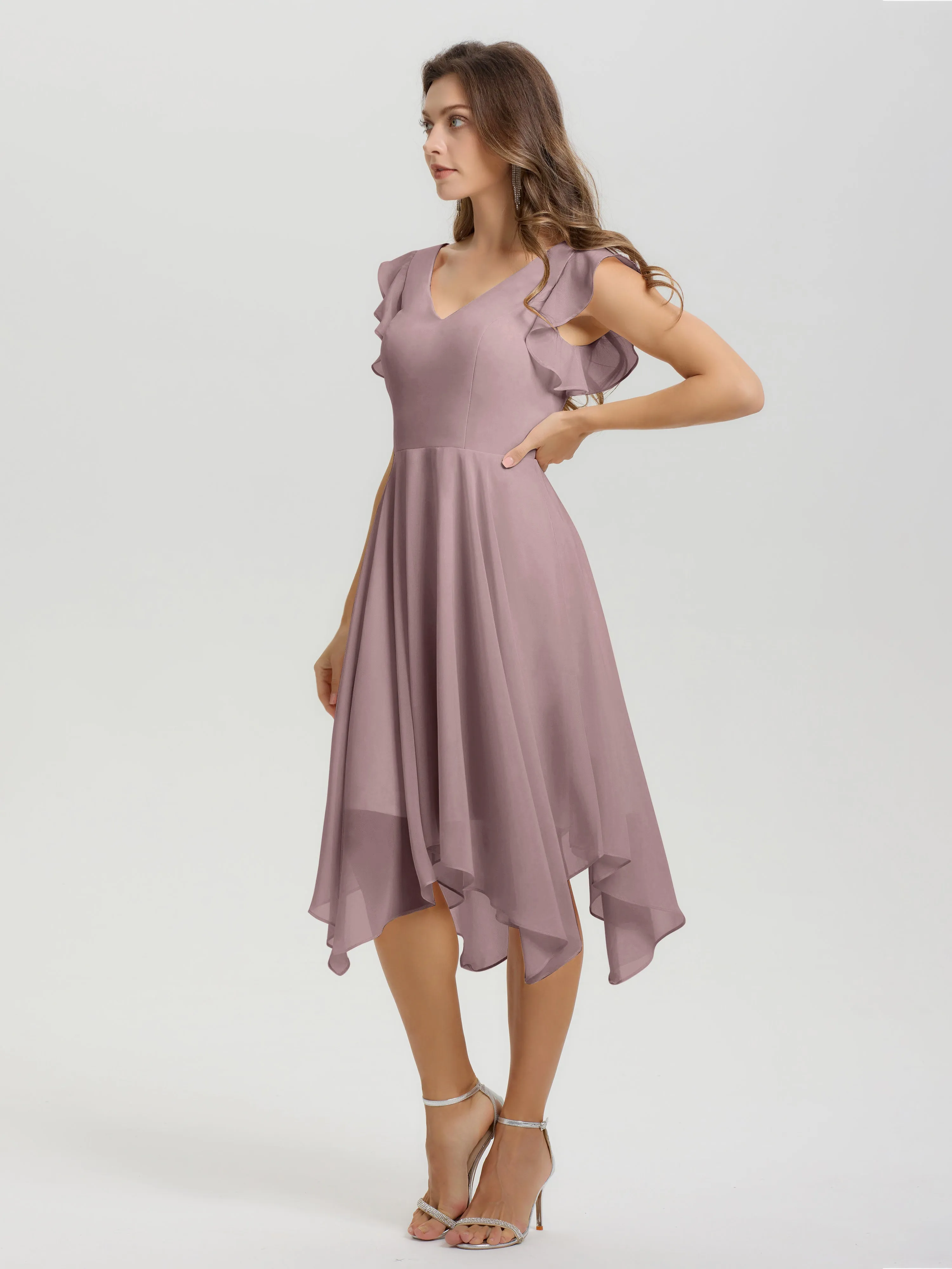Ruffle Sleeves V-neck Asymmetrical Tea Length Chiffon Bridesmaid Dresses