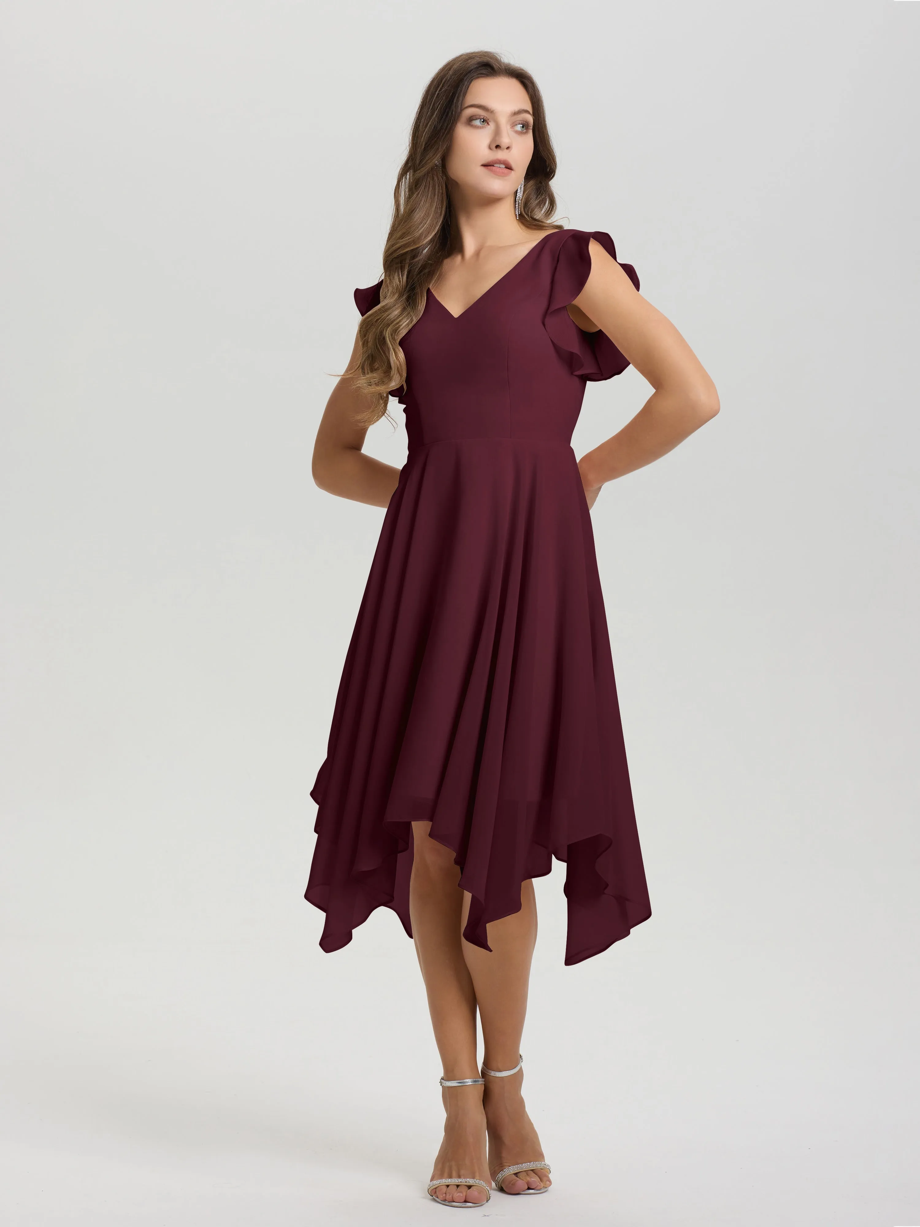Ruffle Sleeves V-neck Asymmetrical Tea Length Chiffon Bridesmaid Dresses