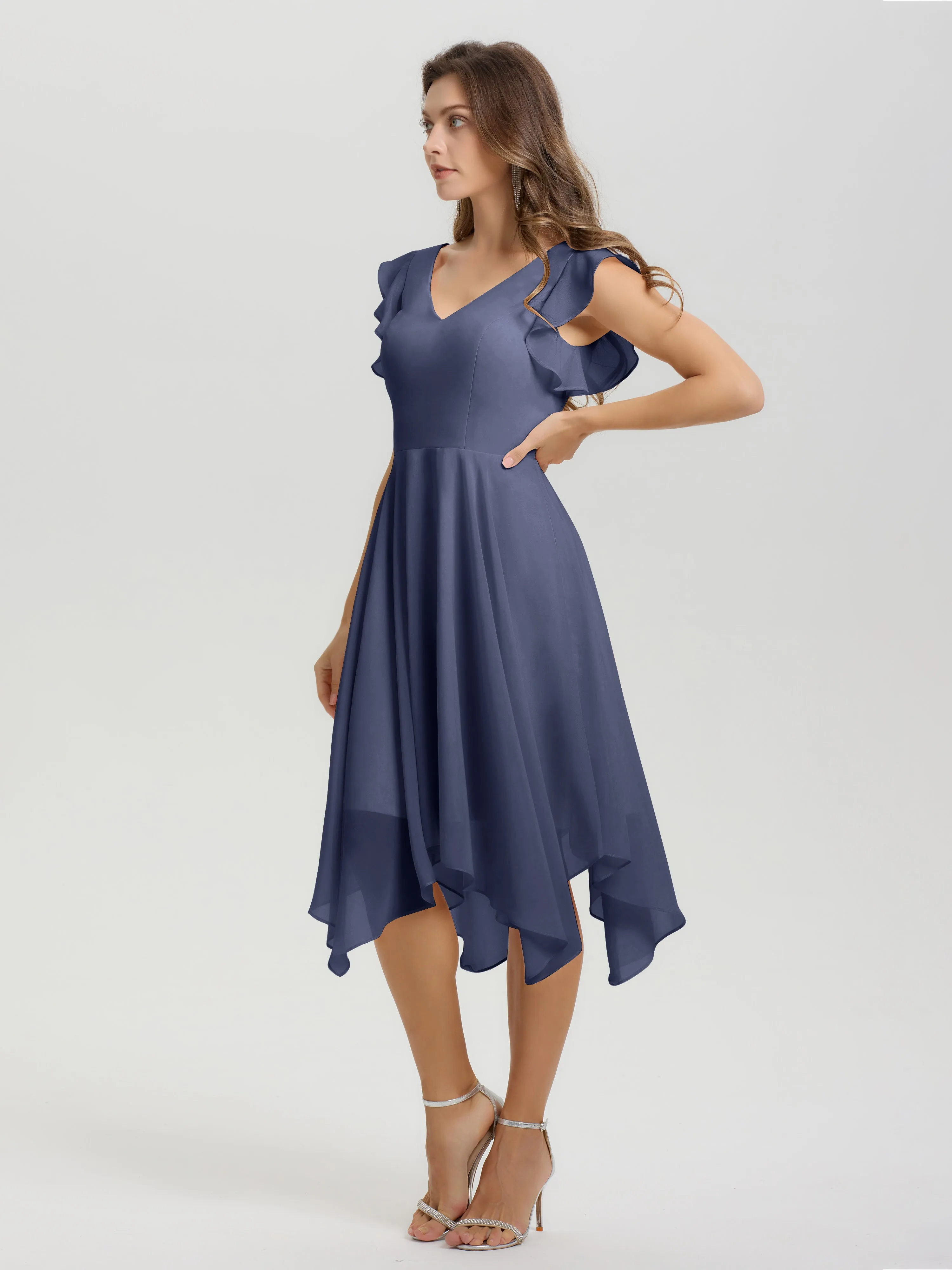 Ruffle Sleeves V-neck Asymmetrical Tea Length Chiffon Bridesmaid Dresses
