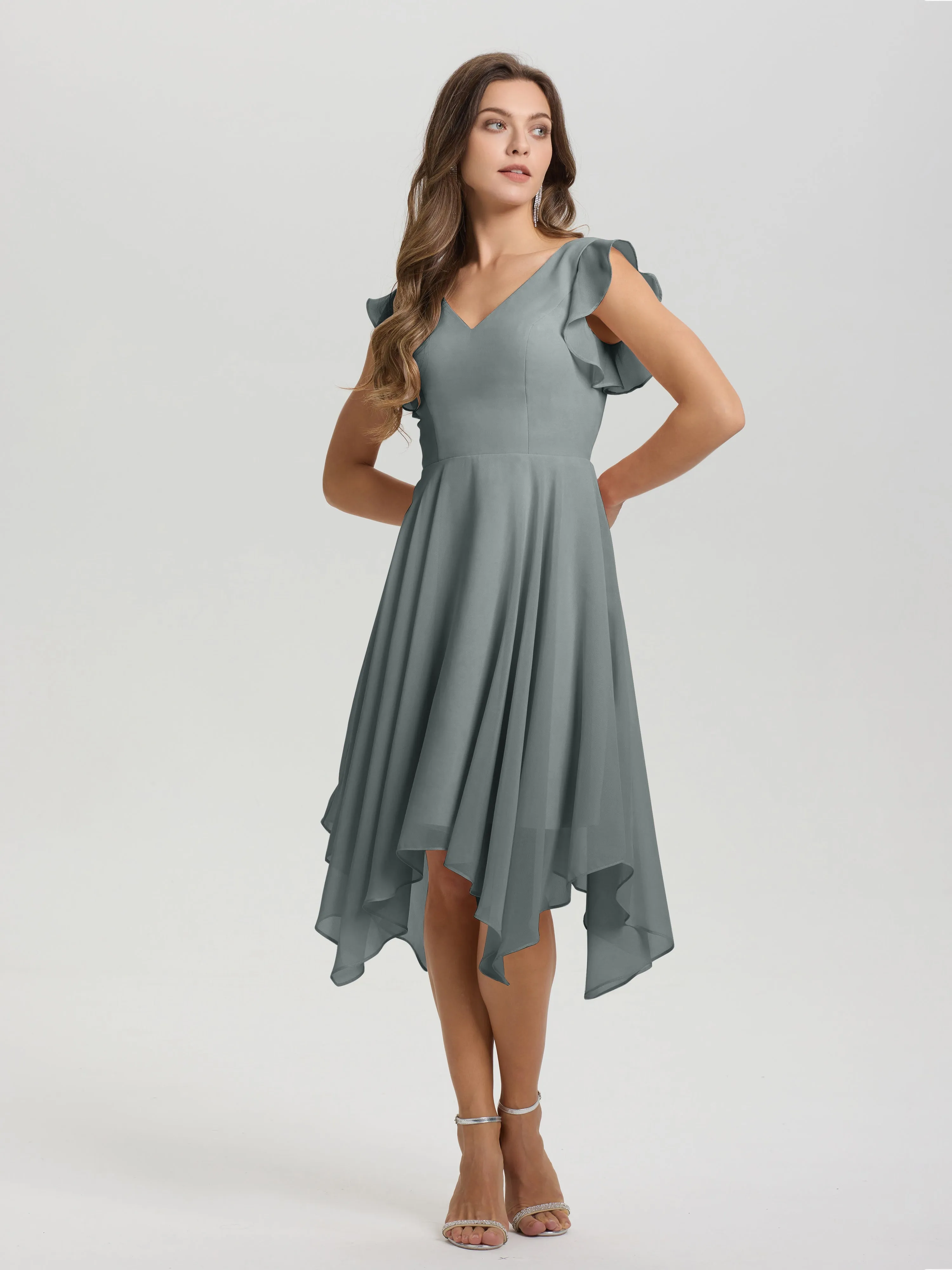Ruffle Sleeves V-neck Asymmetrical Tea Length Chiffon Bridesmaid Dresses