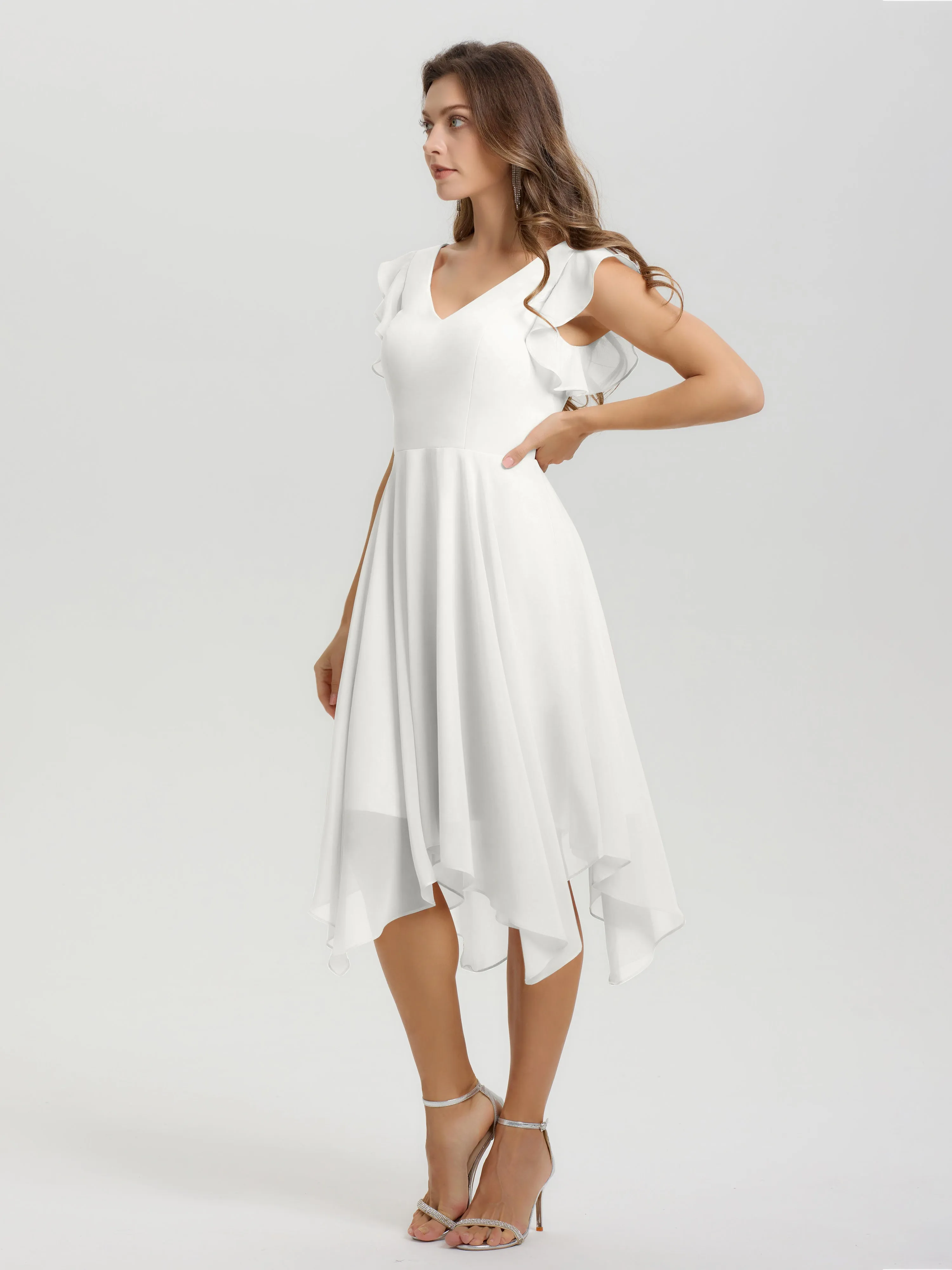 Ruffle Sleeves V-neck Asymmetrical Tea Length Chiffon Bridesmaid Dresses