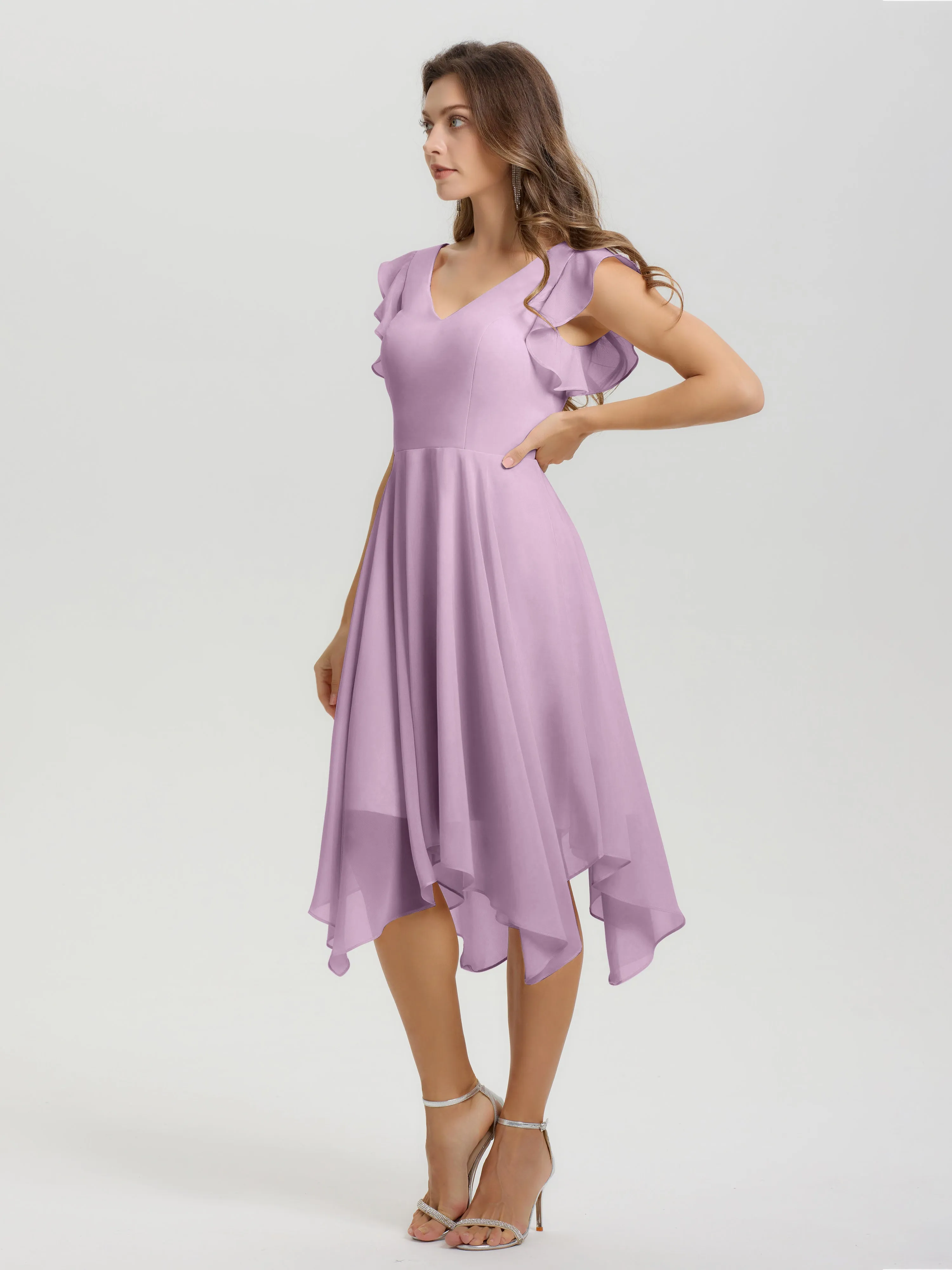 Ruffle Sleeves V-neck Asymmetrical Tea Length Chiffon Bridesmaid Dresses