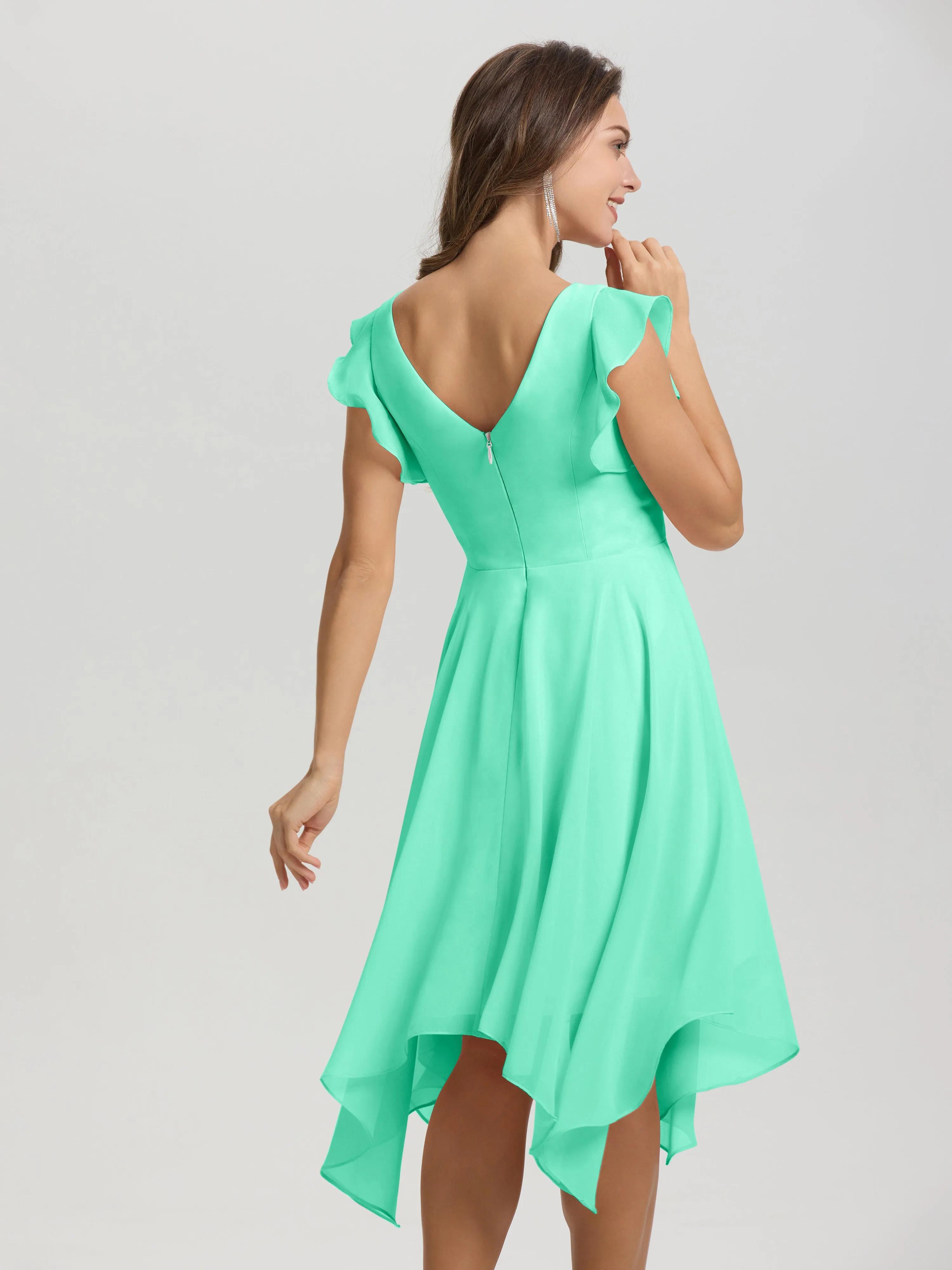 Ruffle Sleeves V-neck Asymmetrical Tea Length Chiffon Bridesmaid Dresses