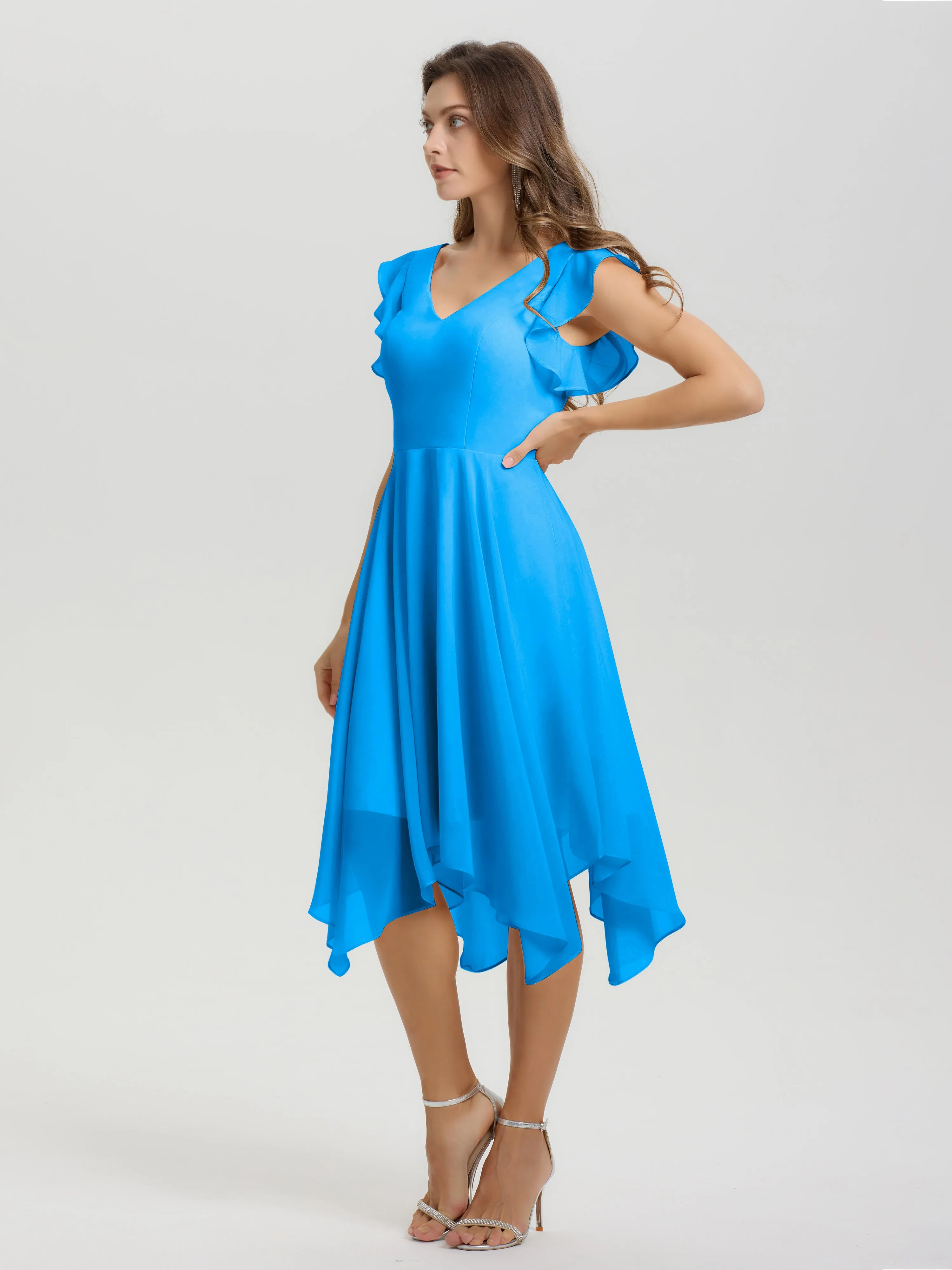 Ruffle Sleeves V-neck Asymmetrical Tea Length Chiffon Bridesmaid Dresses