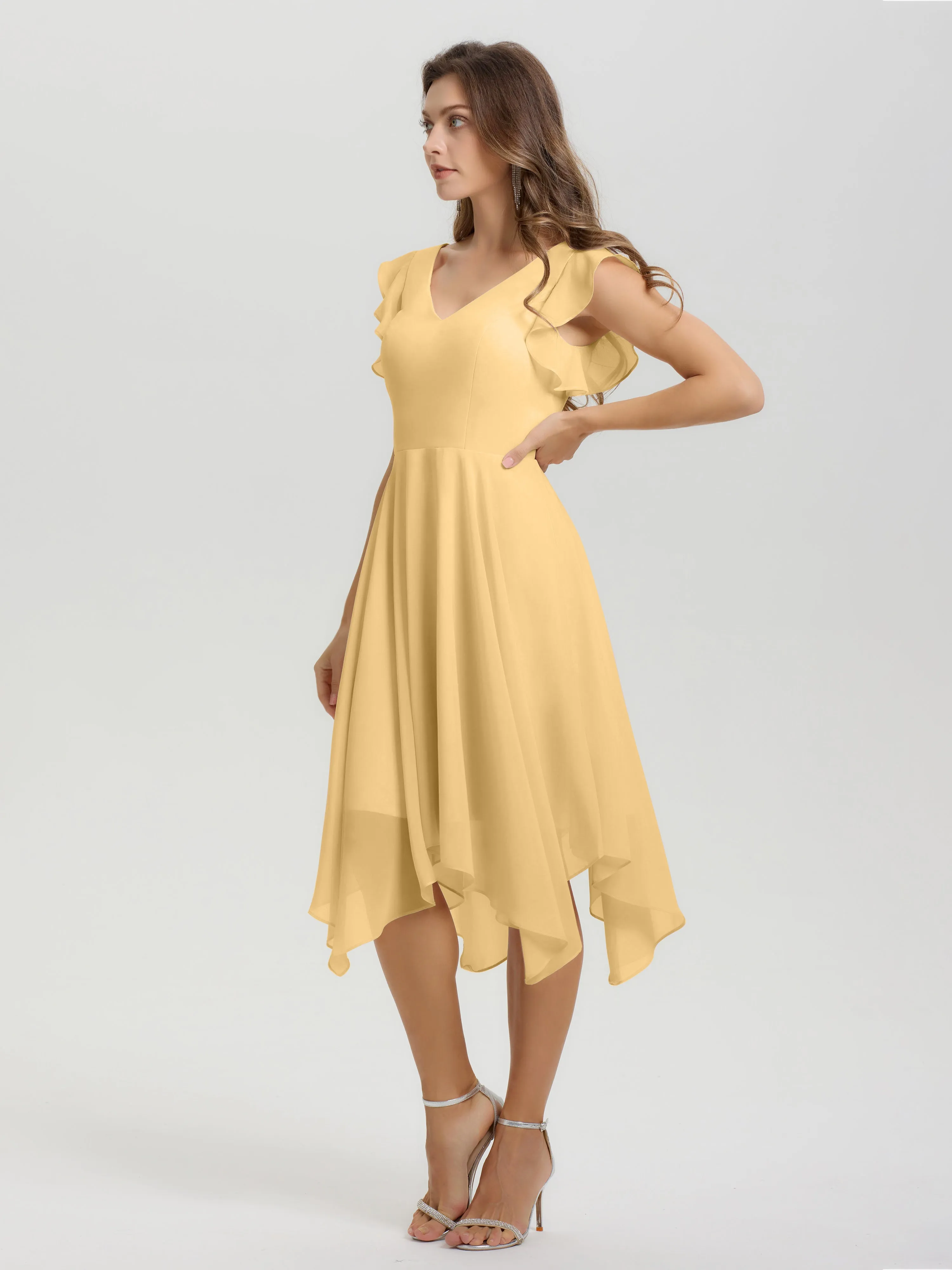 Ruffle Sleeves V-neck Asymmetrical Tea Length Chiffon Bridesmaid Dresses