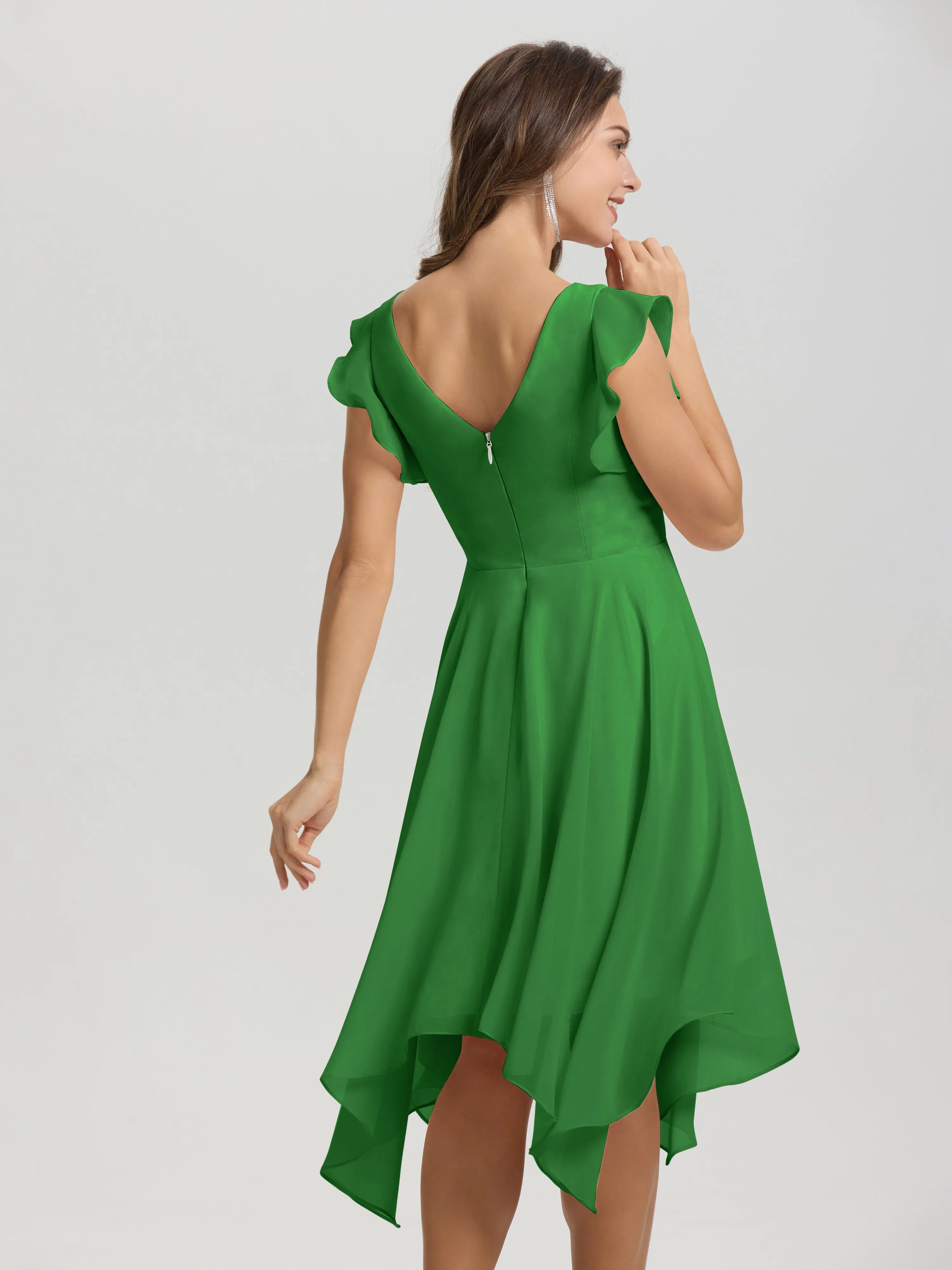 Ruffle Sleeves V-neck Asymmetrical Tea Length Chiffon Bridesmaid Dresses