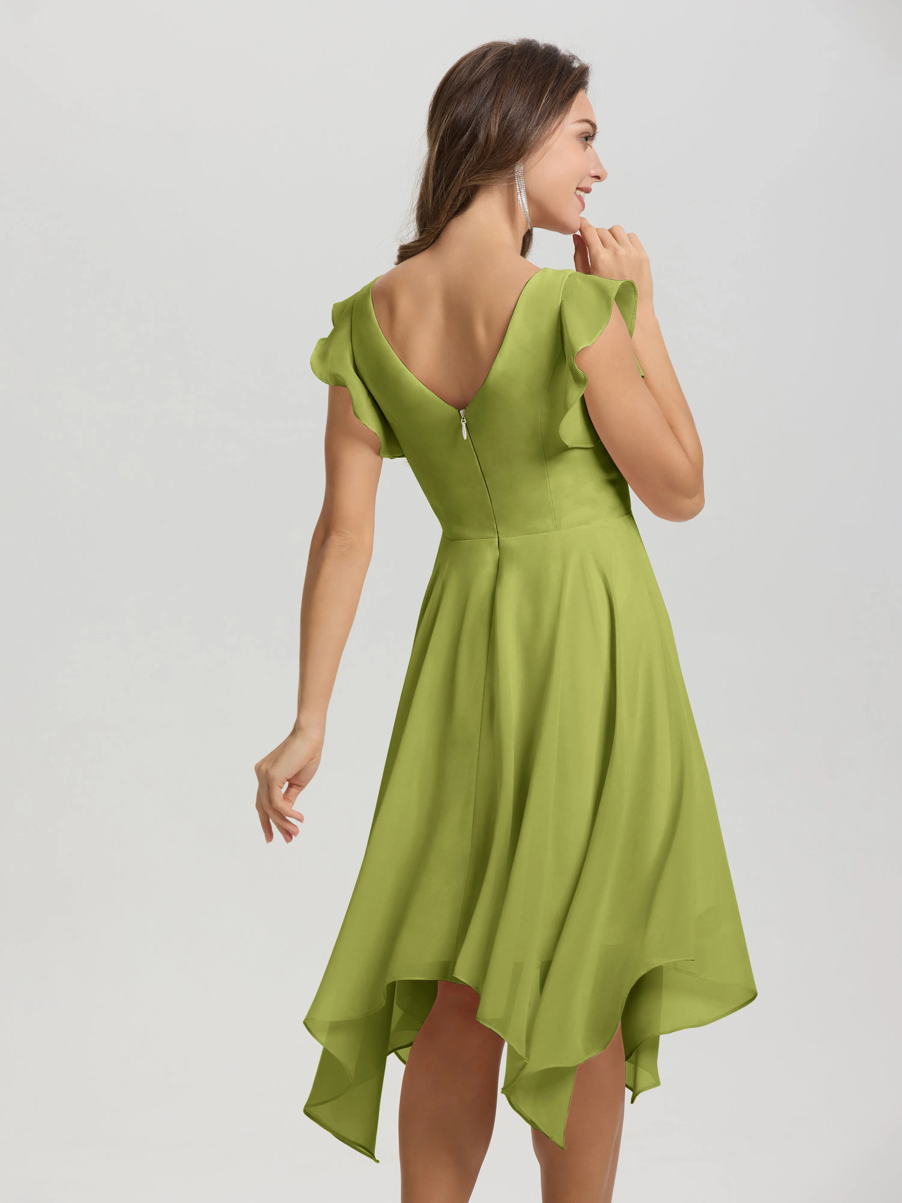 Ruffle Sleeves V-neck Asymmetrical Tea Length Chiffon Bridesmaid Dresses