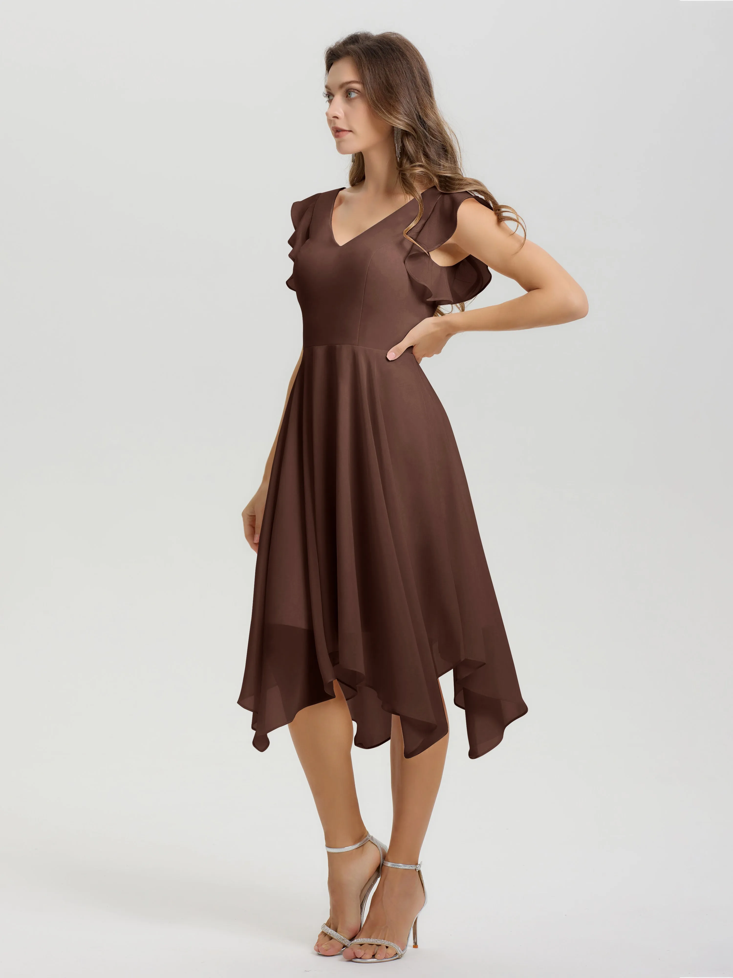 Ruffle Sleeves V-neck Asymmetrical Tea Length Chiffon Bridesmaid Dresses