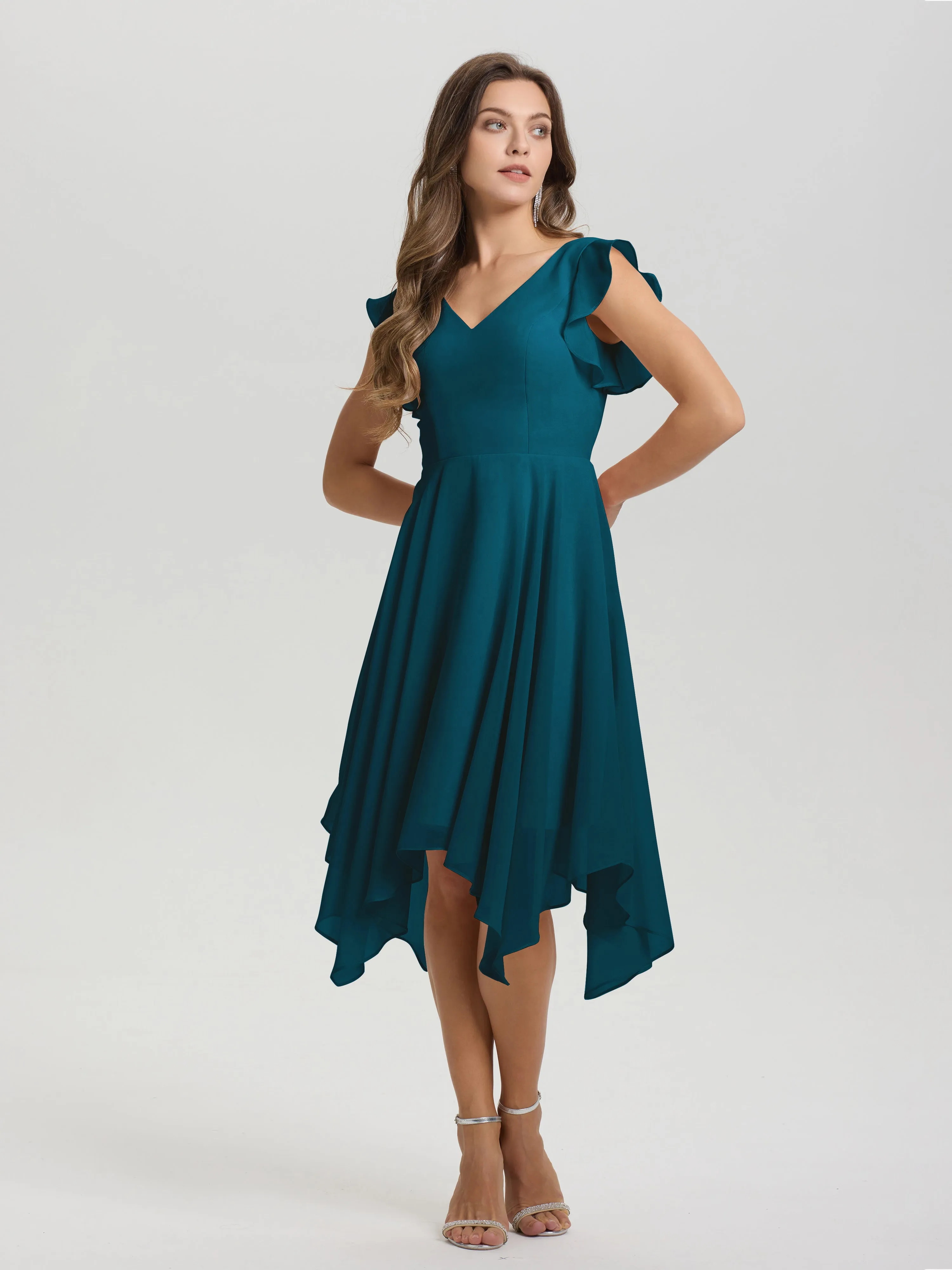 Ruffle Sleeves V-neck Asymmetrical Tea Length Chiffon Bridesmaid Dresses