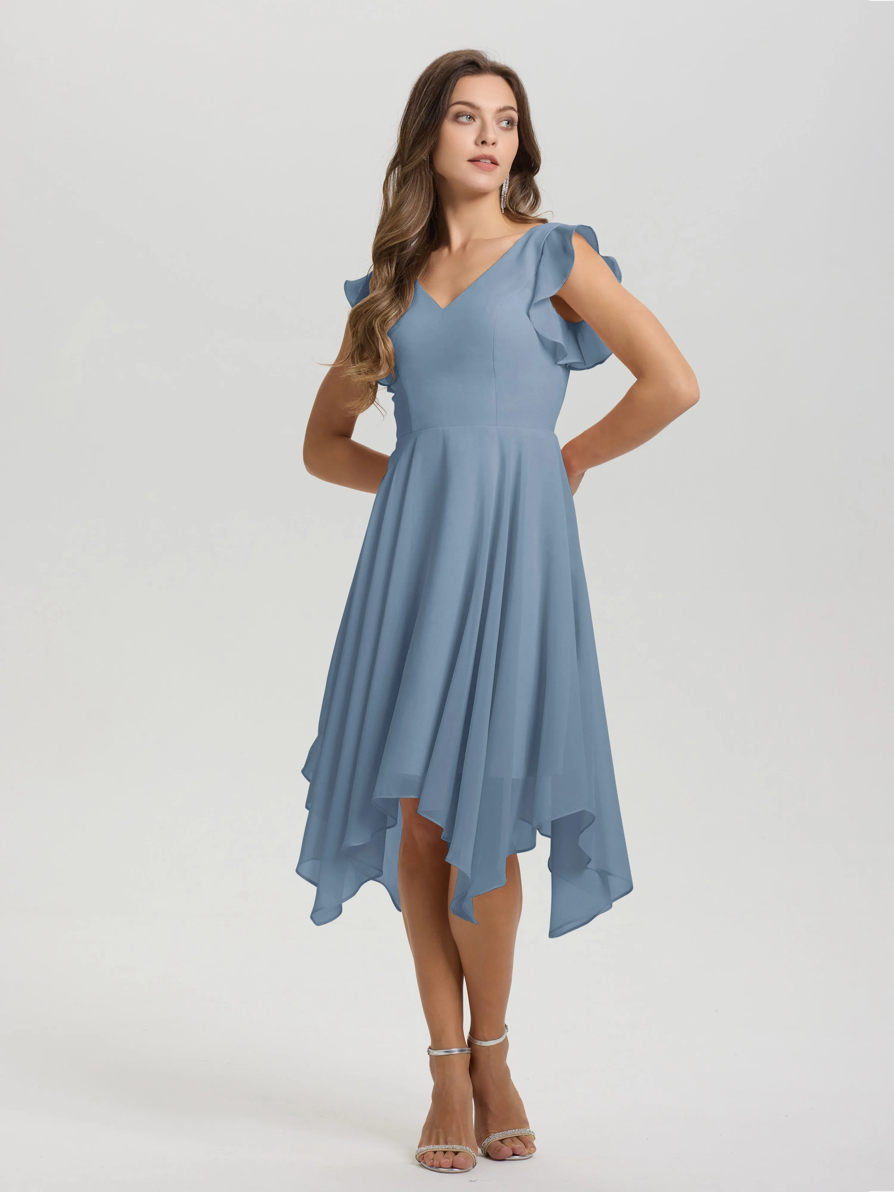 Ruffle Sleeves V-neck Asymmetrical Tea Length Chiffon Bridesmaid Dresses
