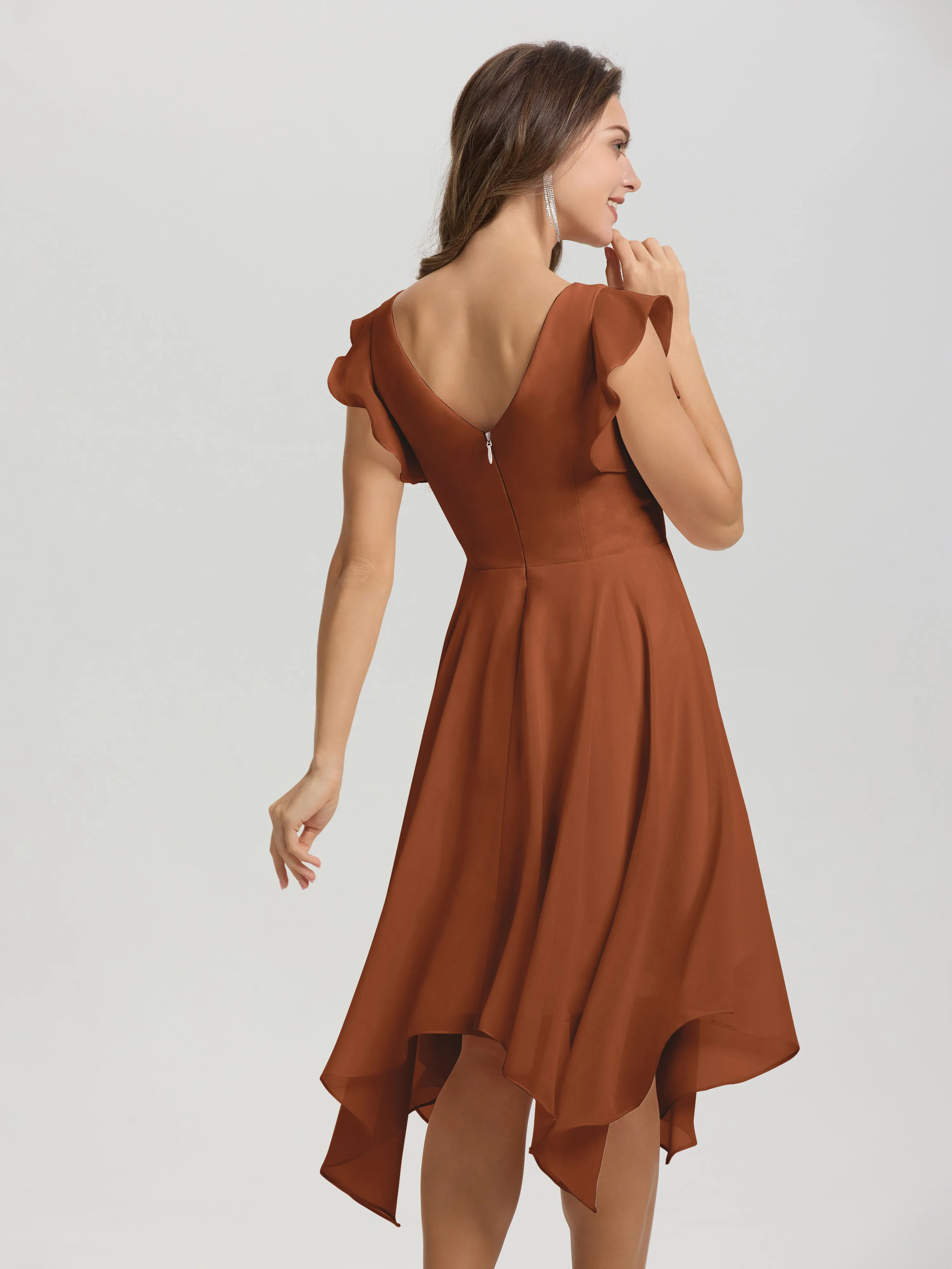 Ruffle Sleeves V-neck Asymmetrical Tea Length Chiffon Bridesmaid Dresses
