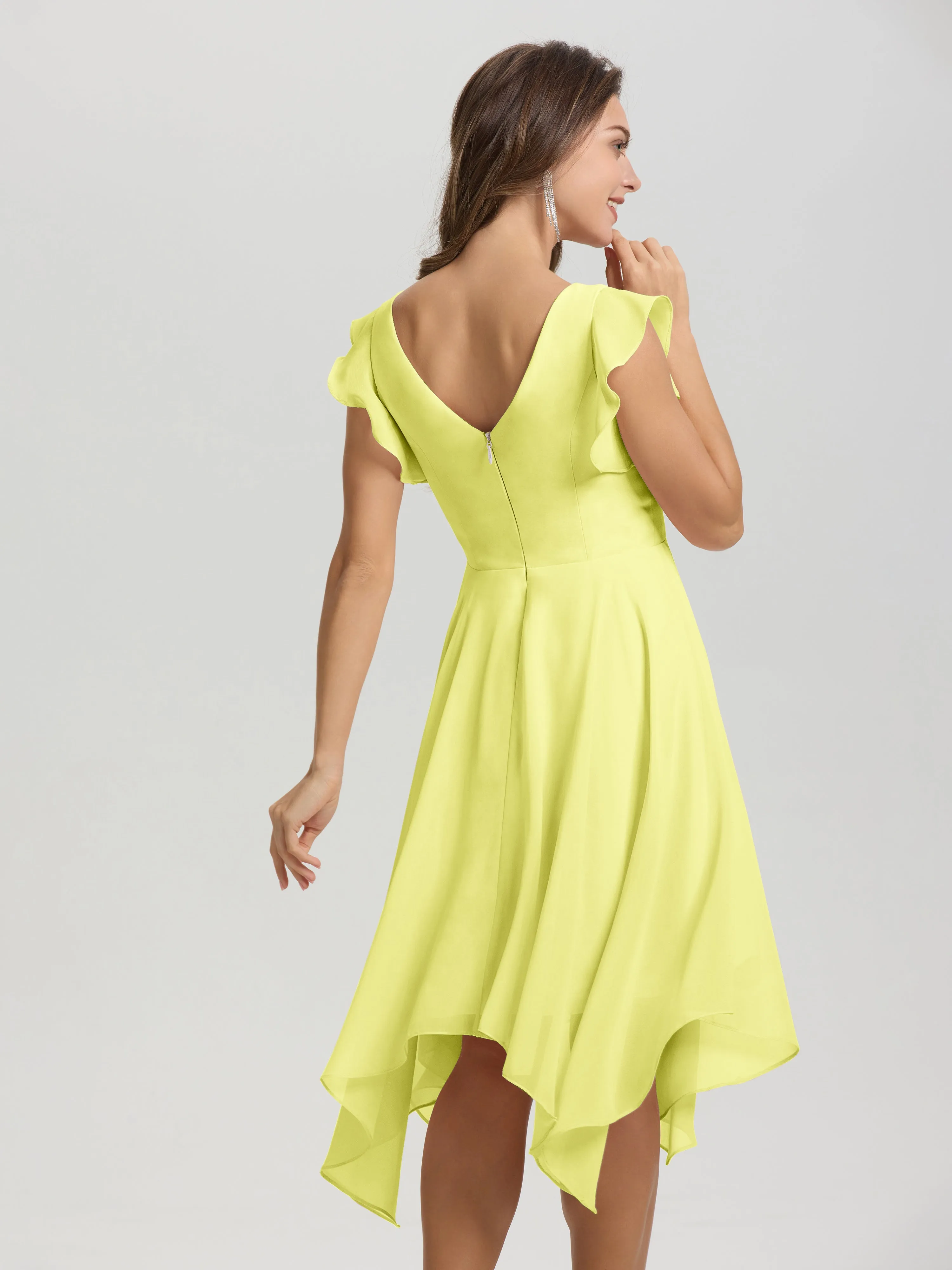 Ruffle Sleeves V-neck Asymmetrical Tea Length Chiffon Bridesmaid Dresses