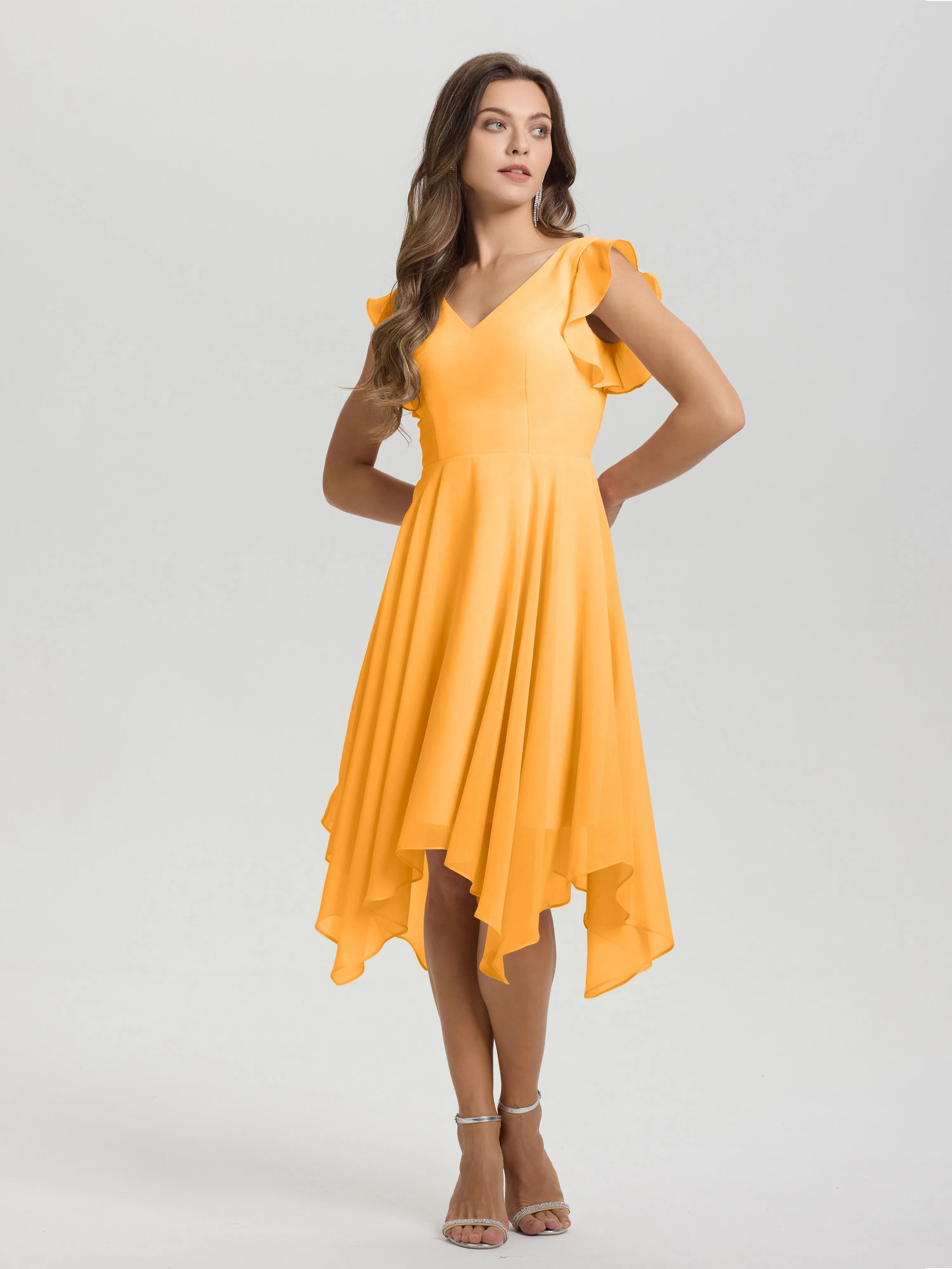 Ruffle Sleeves V-neck Asymmetrical Tea Length Chiffon Bridesmaid Dresses