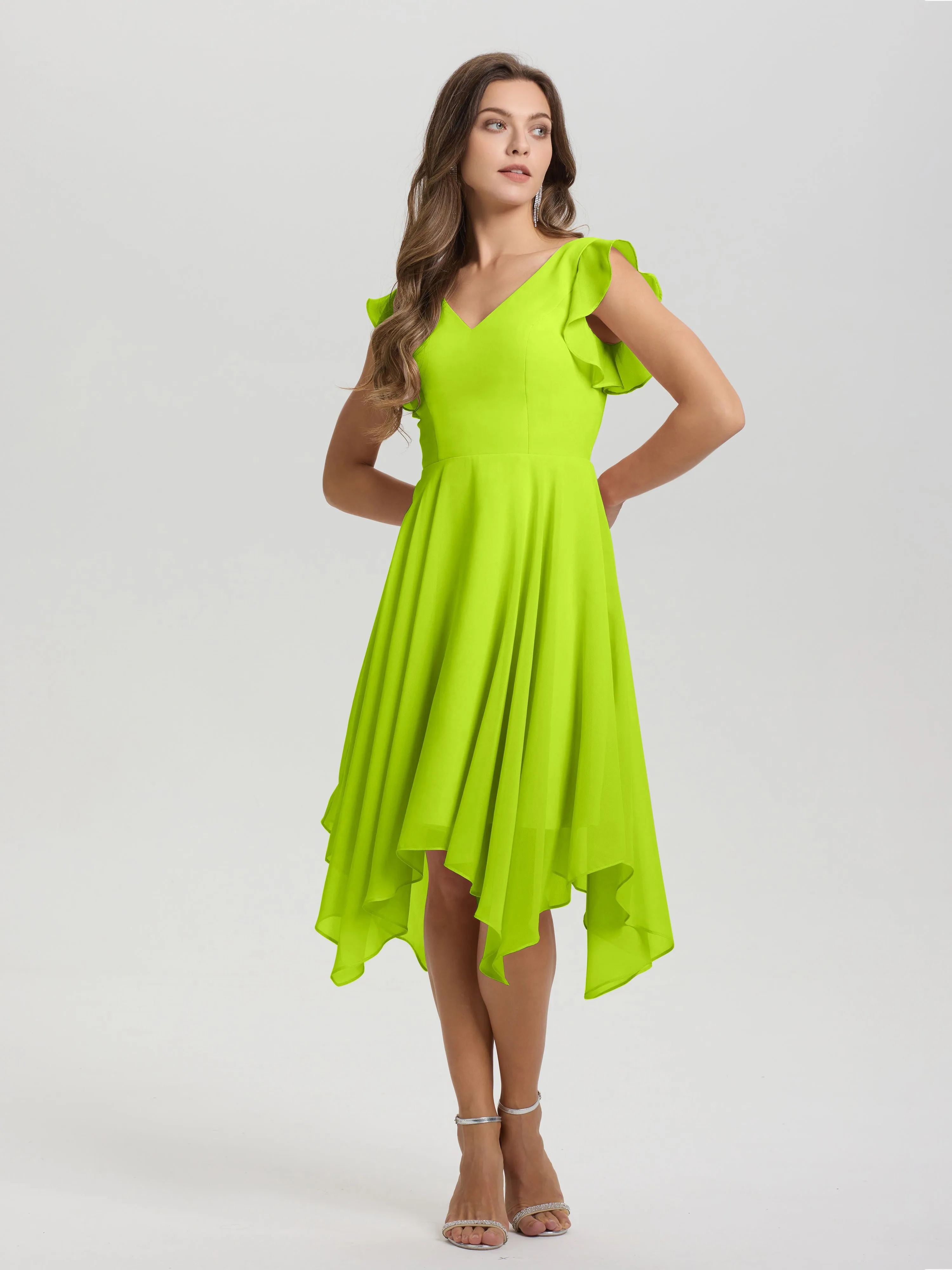 Ruffle Sleeves V-neck Asymmetrical Tea Length Chiffon Bridesmaid Dresses