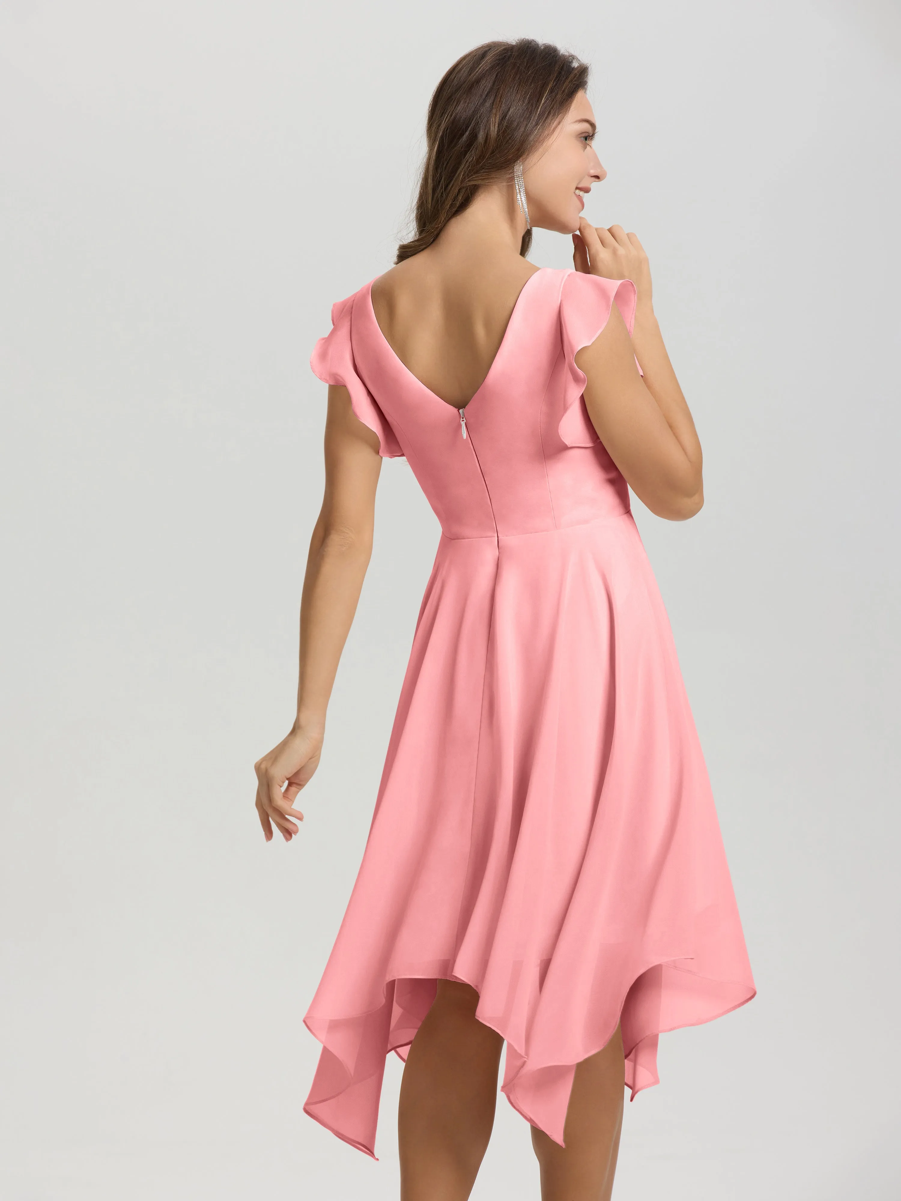 Ruffle Sleeves V-neck Asymmetrical Tea Length Chiffon Bridesmaid Dresses