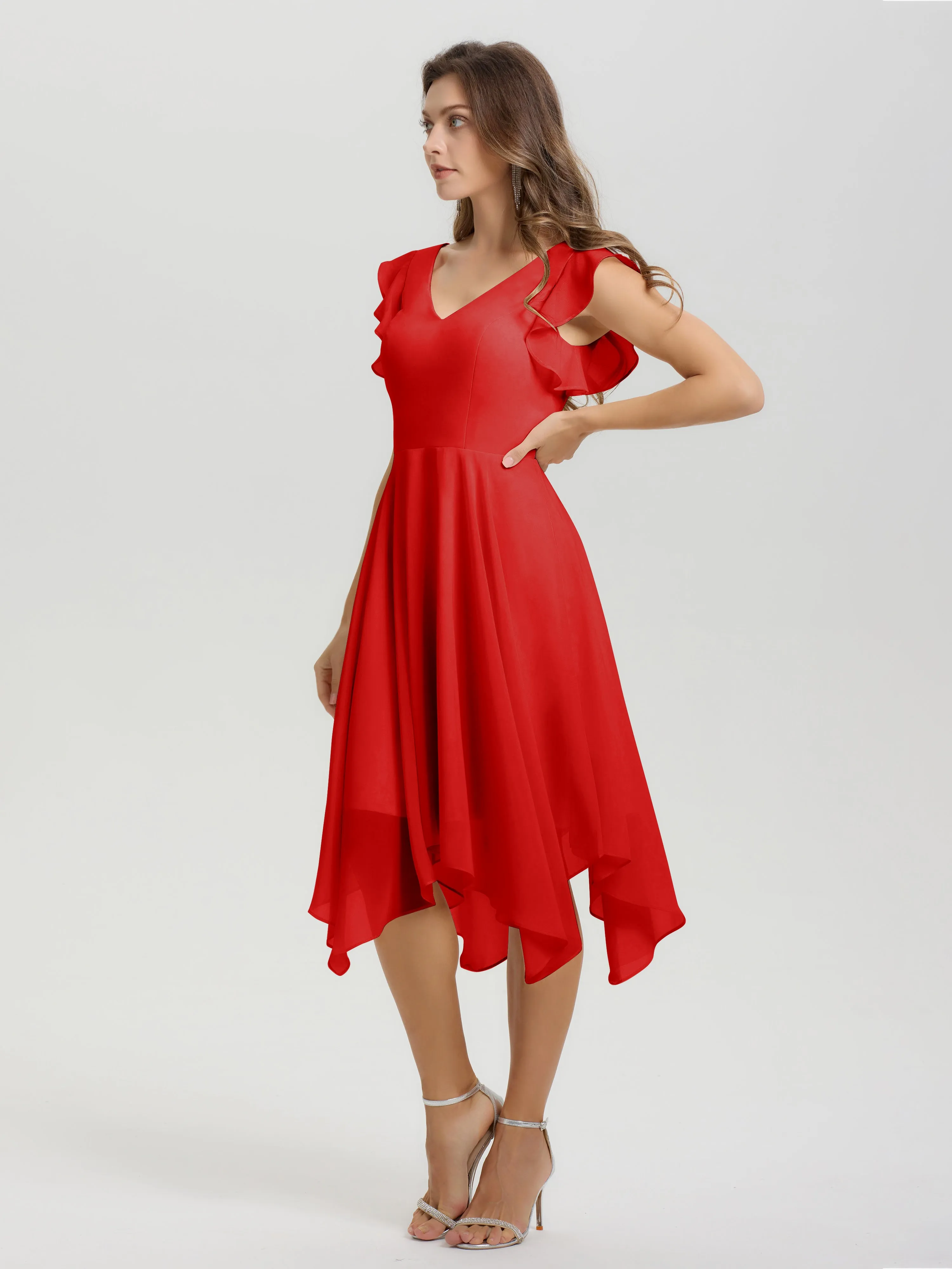 Ruffle Sleeves V-neck Asymmetrical Tea Length Chiffon Bridesmaid Dresses