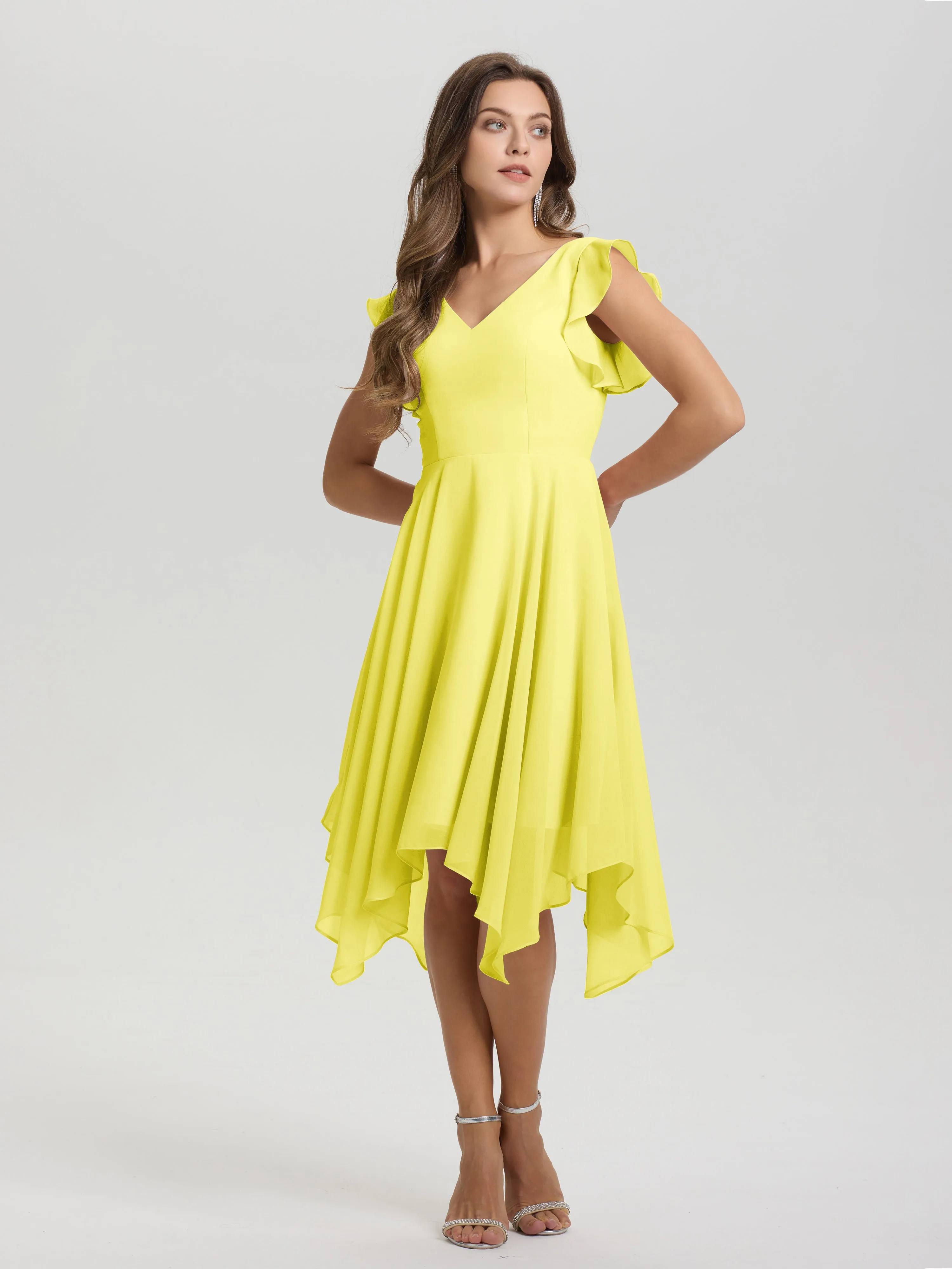 Ruffle Sleeves V-neck Asymmetrical Tea Length Chiffon Bridesmaid Dresses