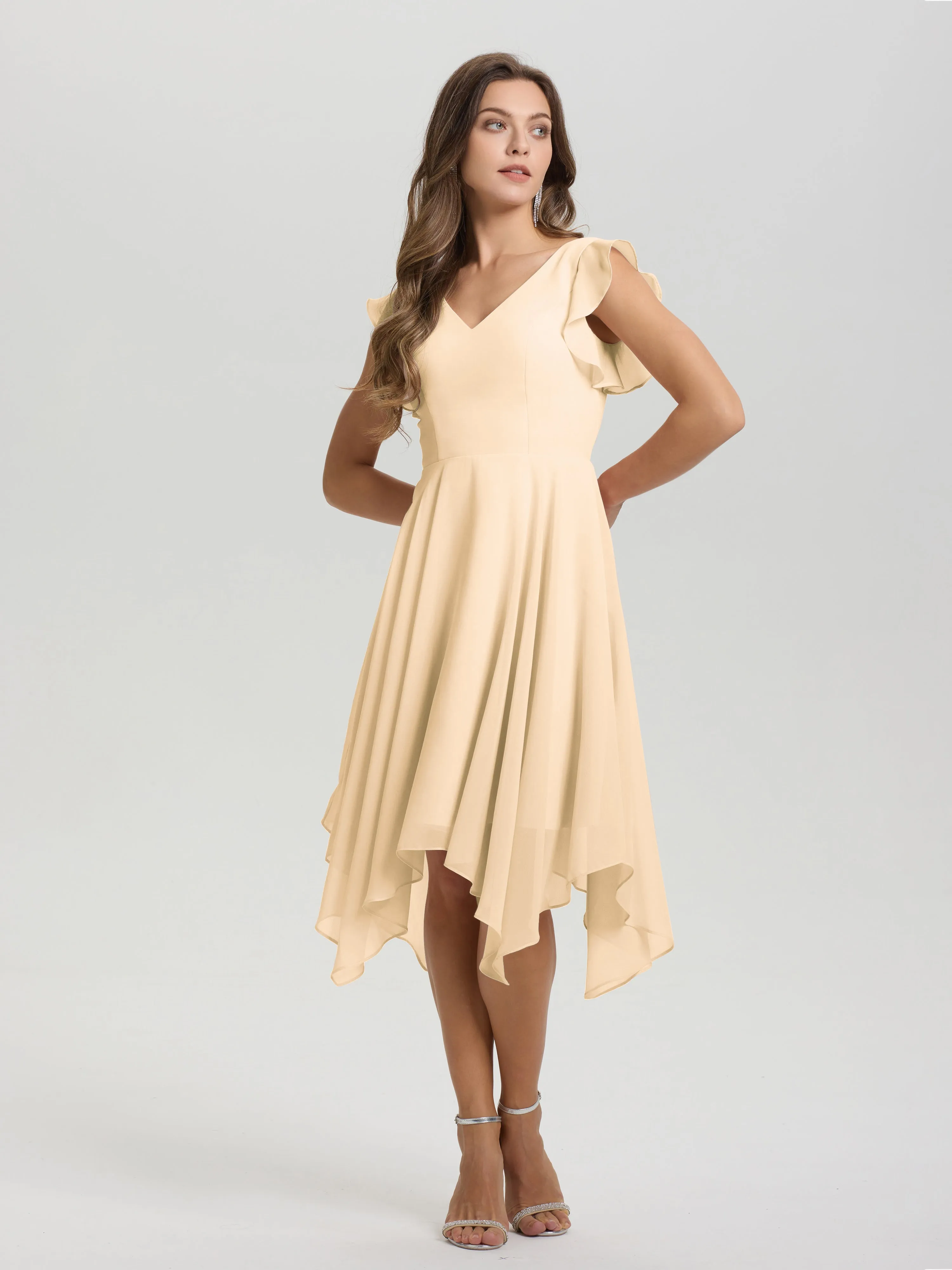 Ruffle Sleeves V-neck Asymmetrical Tea Length Chiffon Bridesmaid Dresses