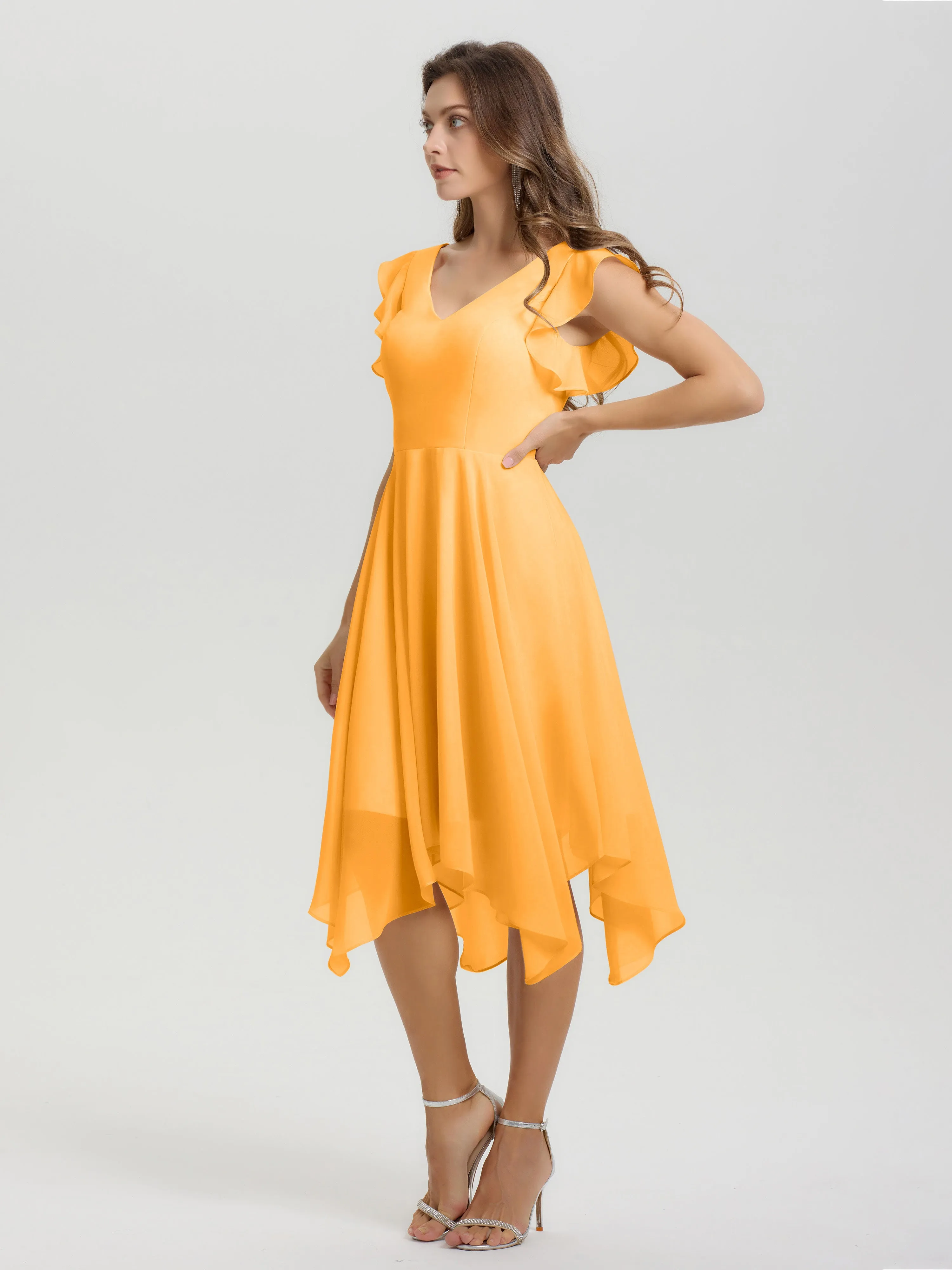 Ruffle Sleeves V-neck Asymmetrical Tea Length Chiffon Bridesmaid Dresses