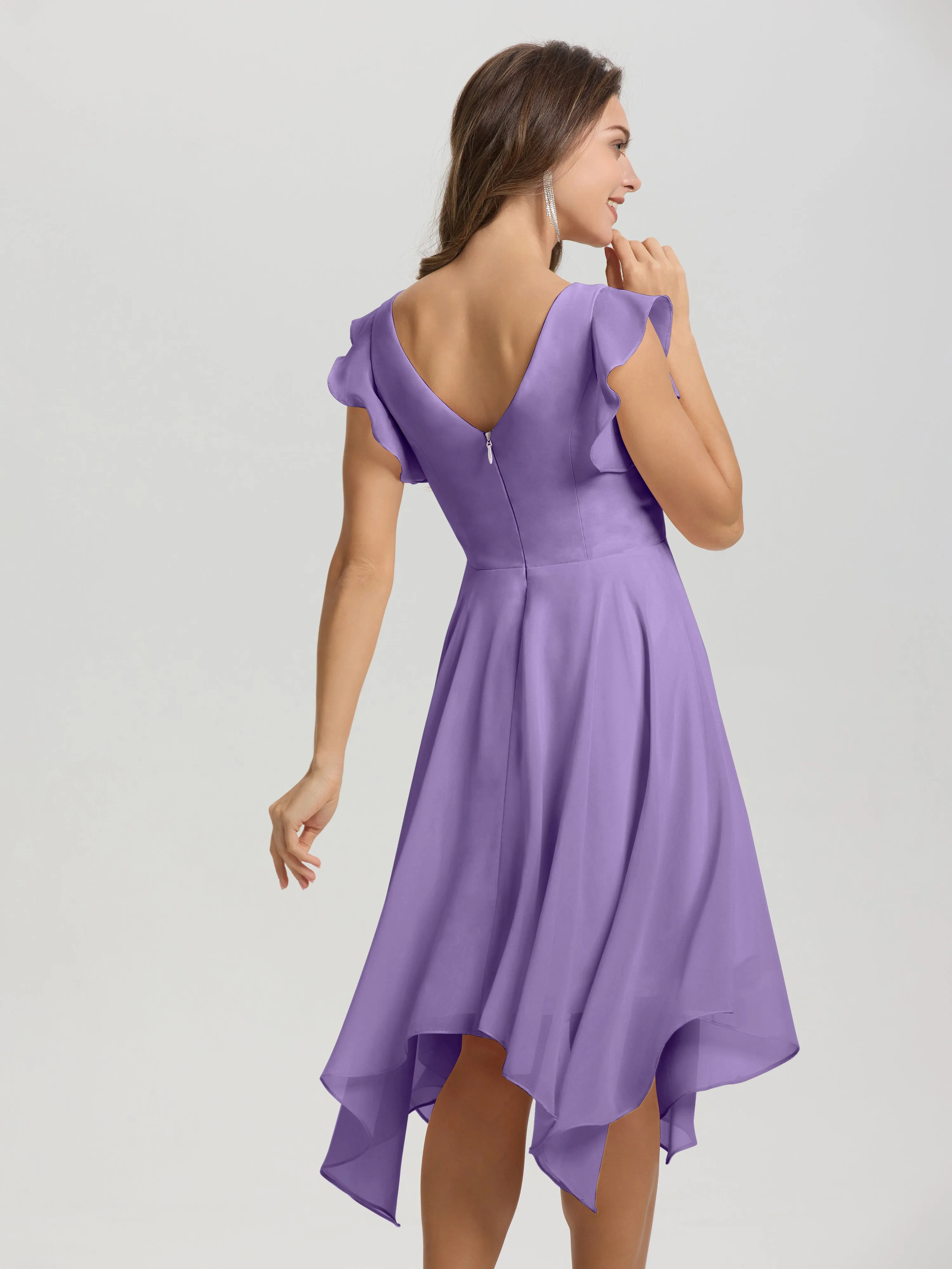 Ruffle Sleeves V-neck Asymmetrical Tea Length Chiffon Bridesmaid Dresses
