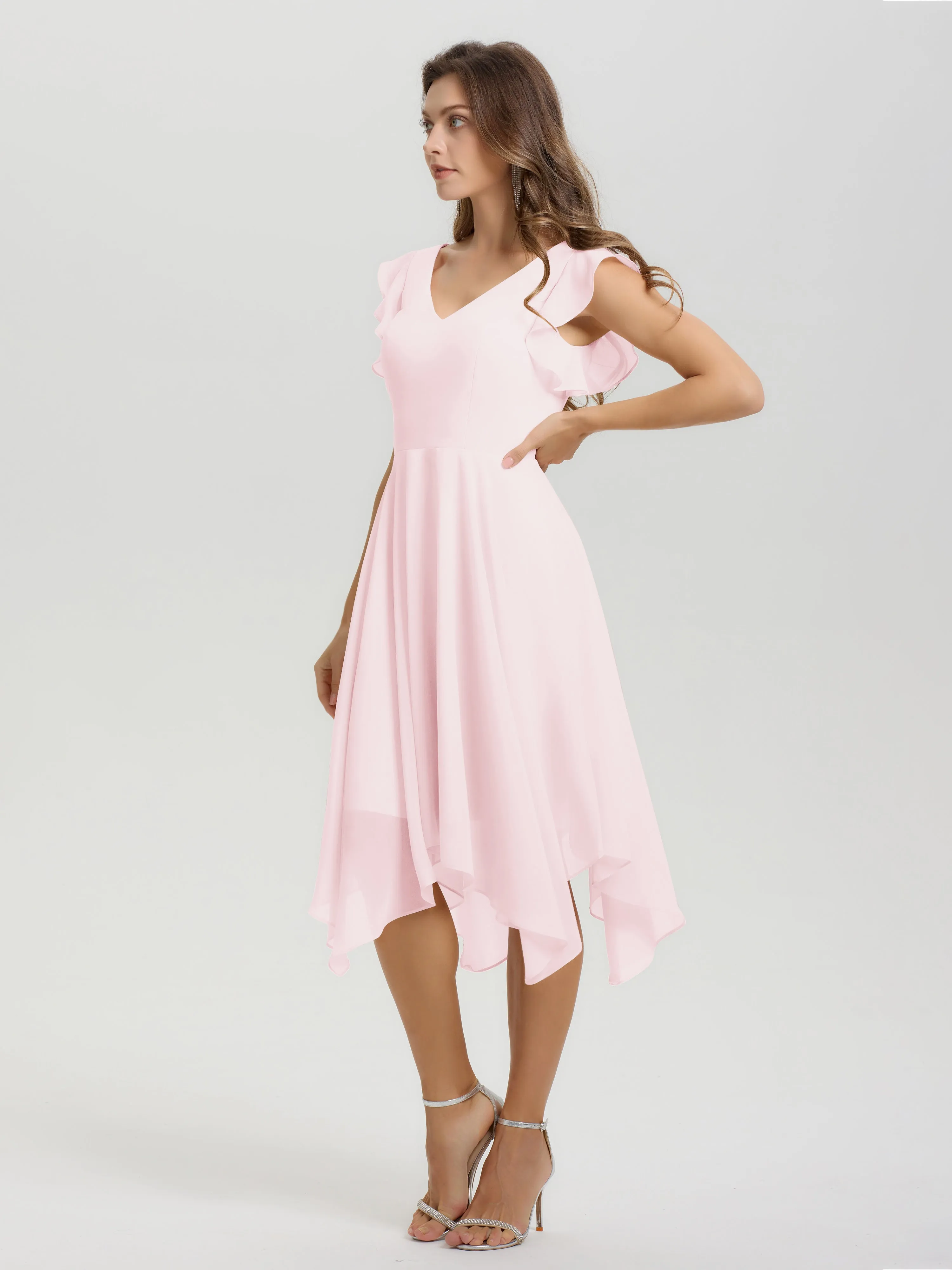 Ruffle Sleeves V-neck Asymmetrical Tea Length Chiffon Bridesmaid Dresses