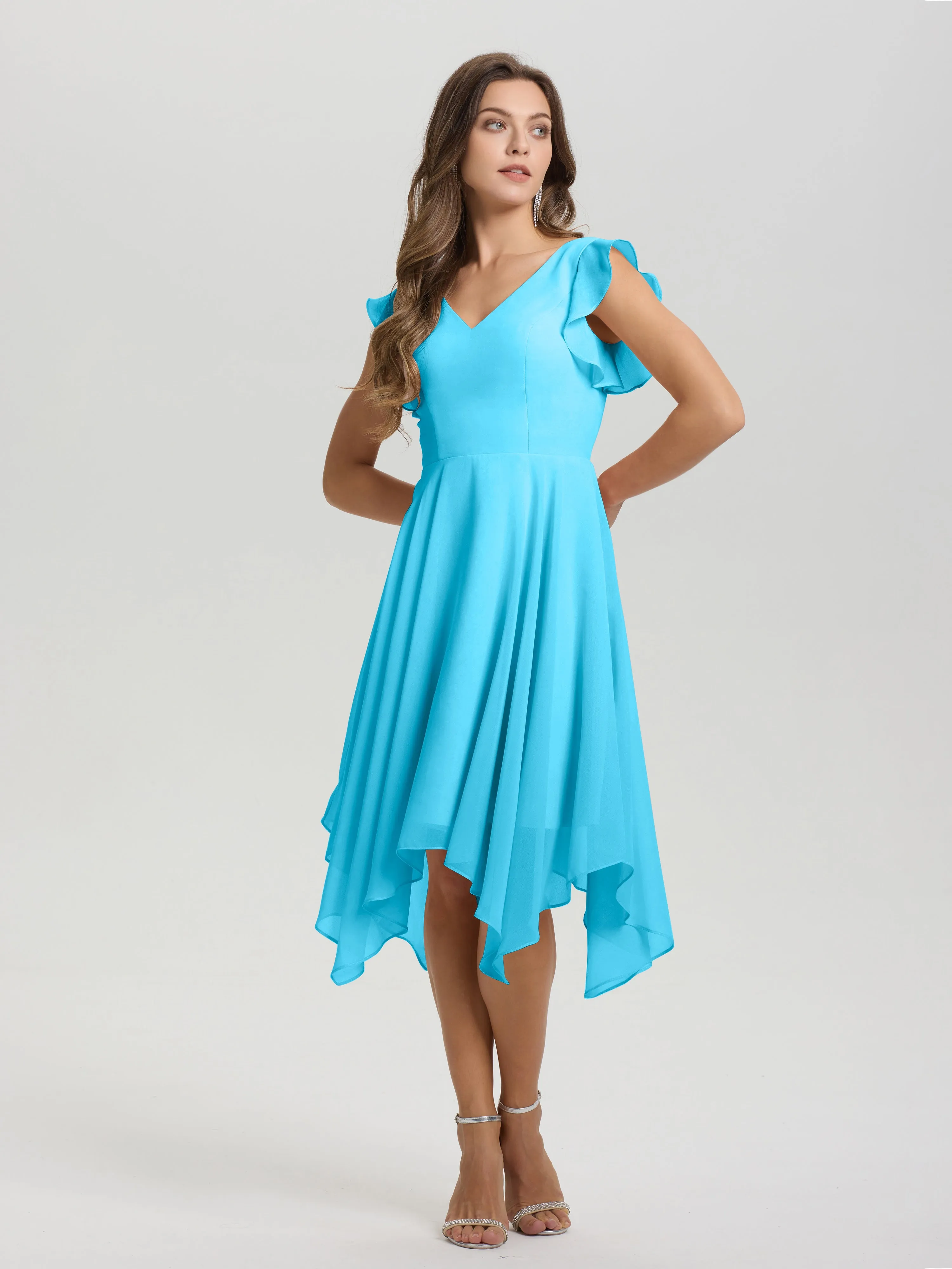 Ruffle Sleeves V-neck Asymmetrical Tea Length Chiffon Bridesmaid Dresses