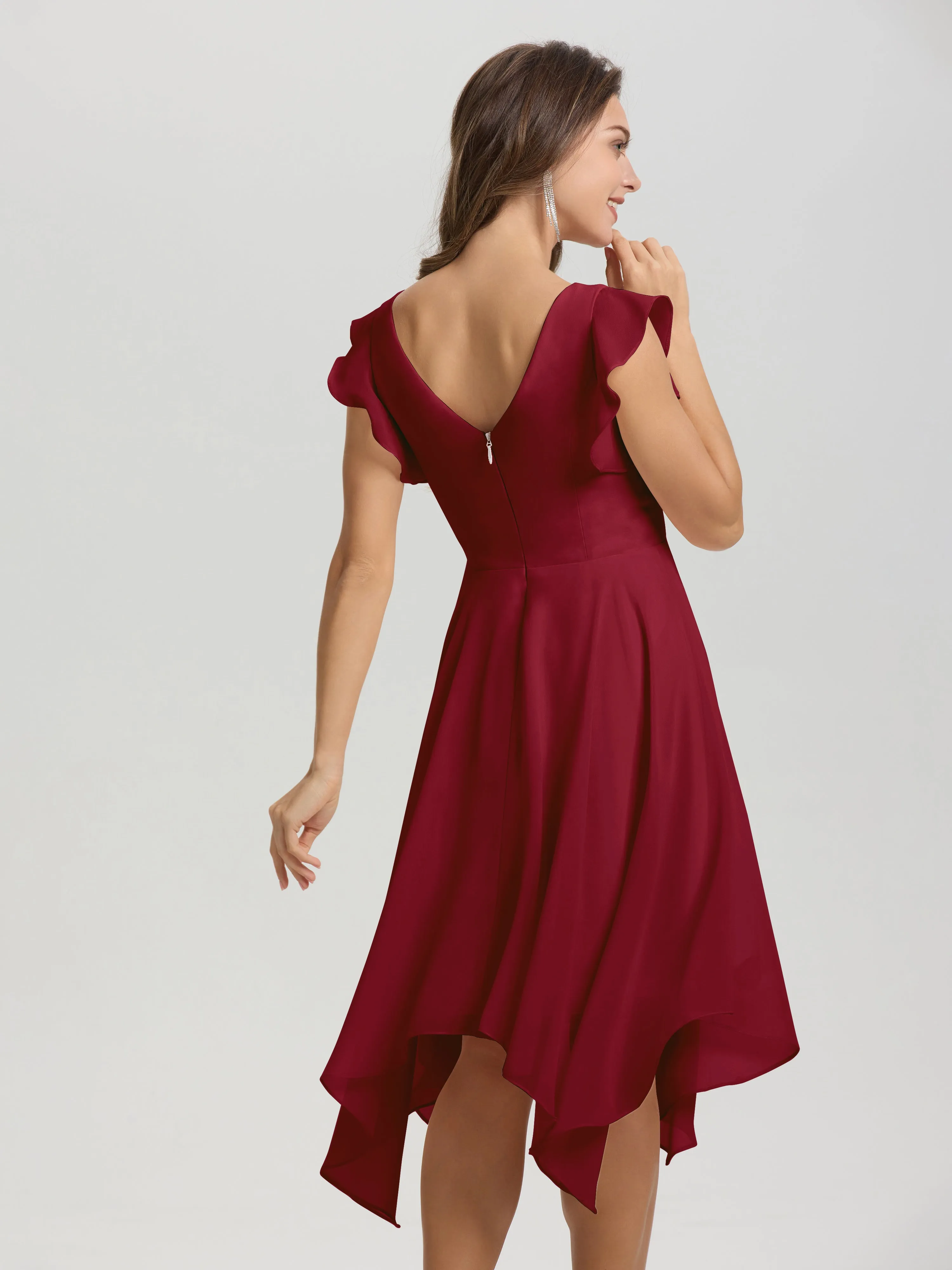 Ruffle Sleeves V-neck Asymmetrical Tea Length Chiffon Bridesmaid Dresses