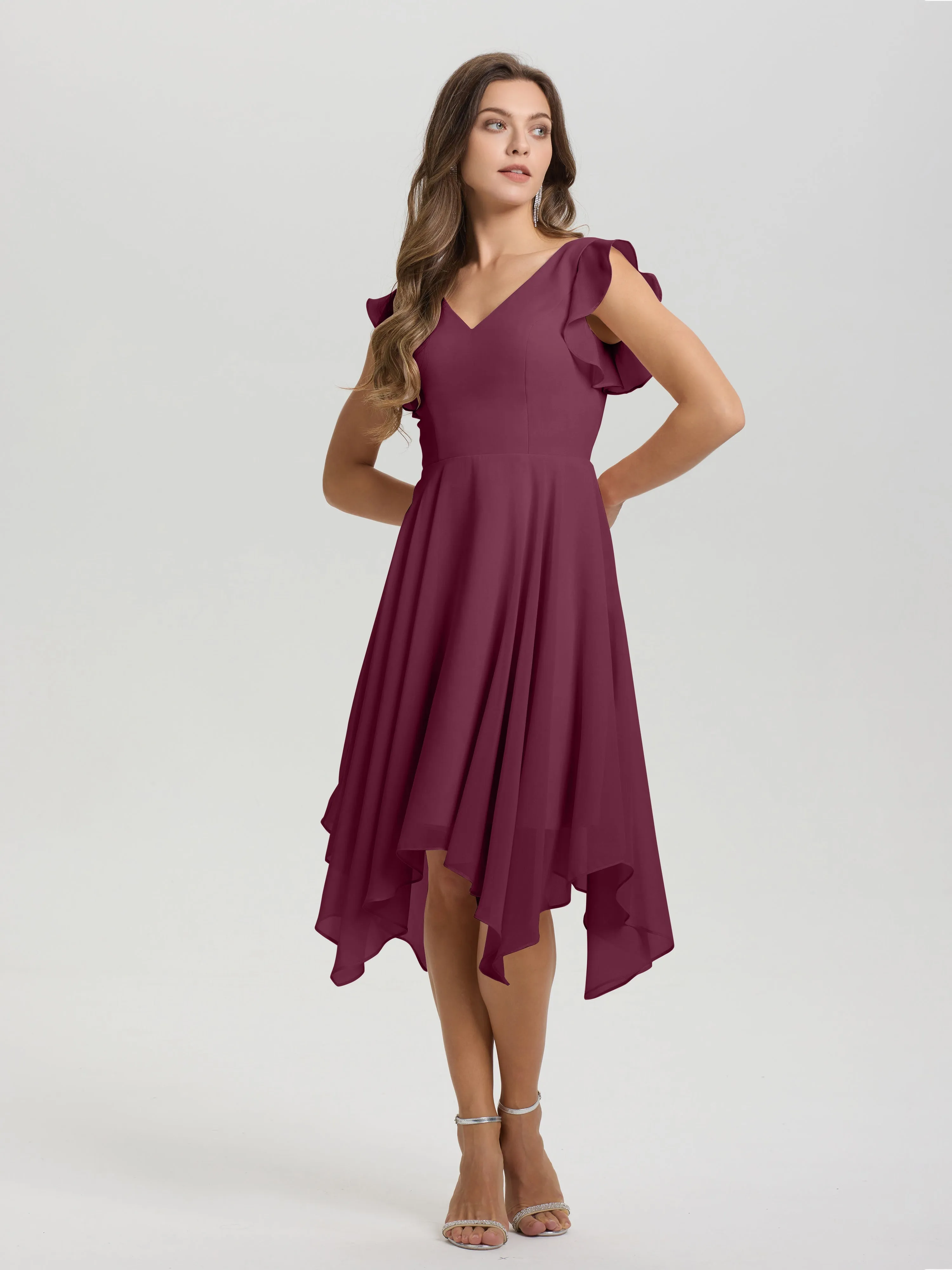 Ruffle Sleeves V-neck Asymmetrical Tea Length Chiffon Bridesmaid Dresses