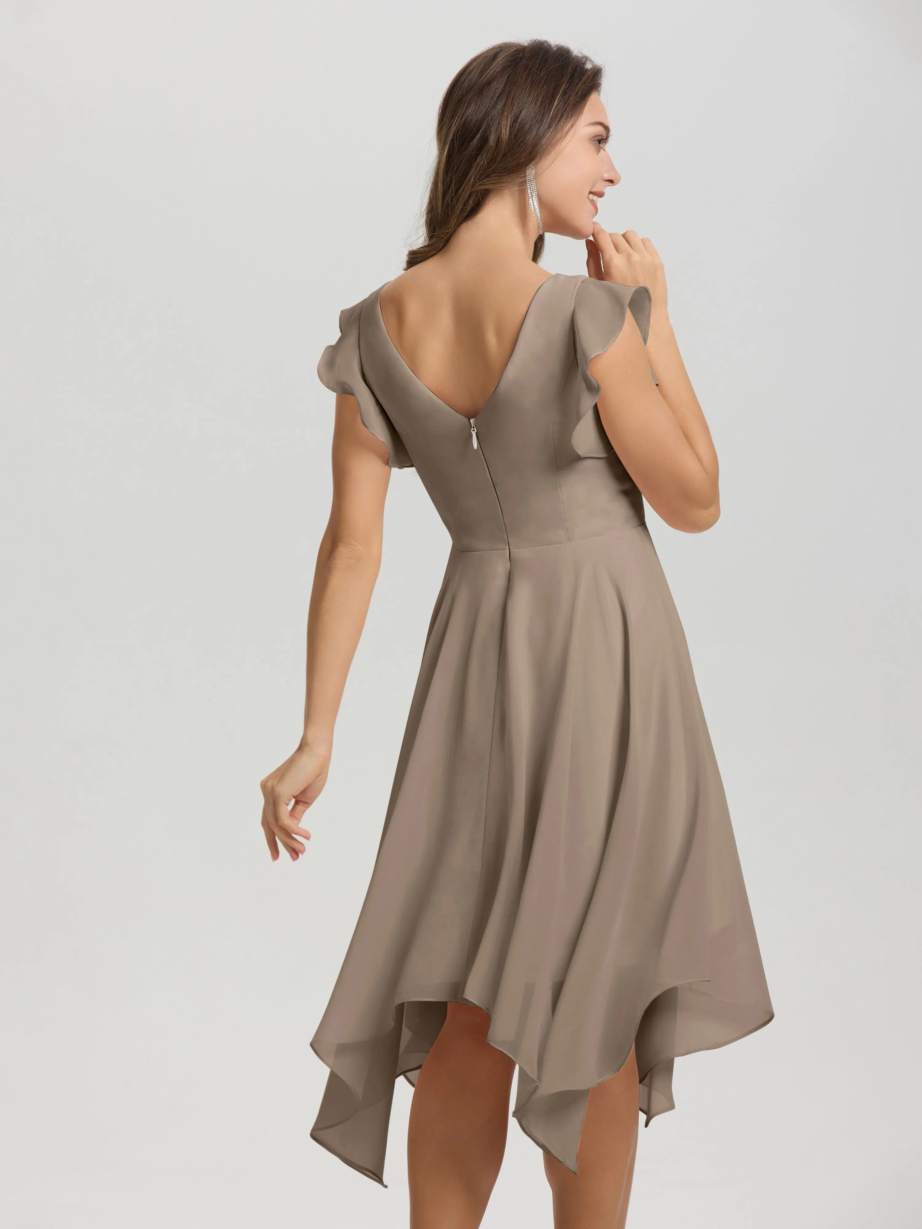 Ruffle Sleeves V-neck Asymmetrical Tea Length Chiffon Bridesmaid Dresses