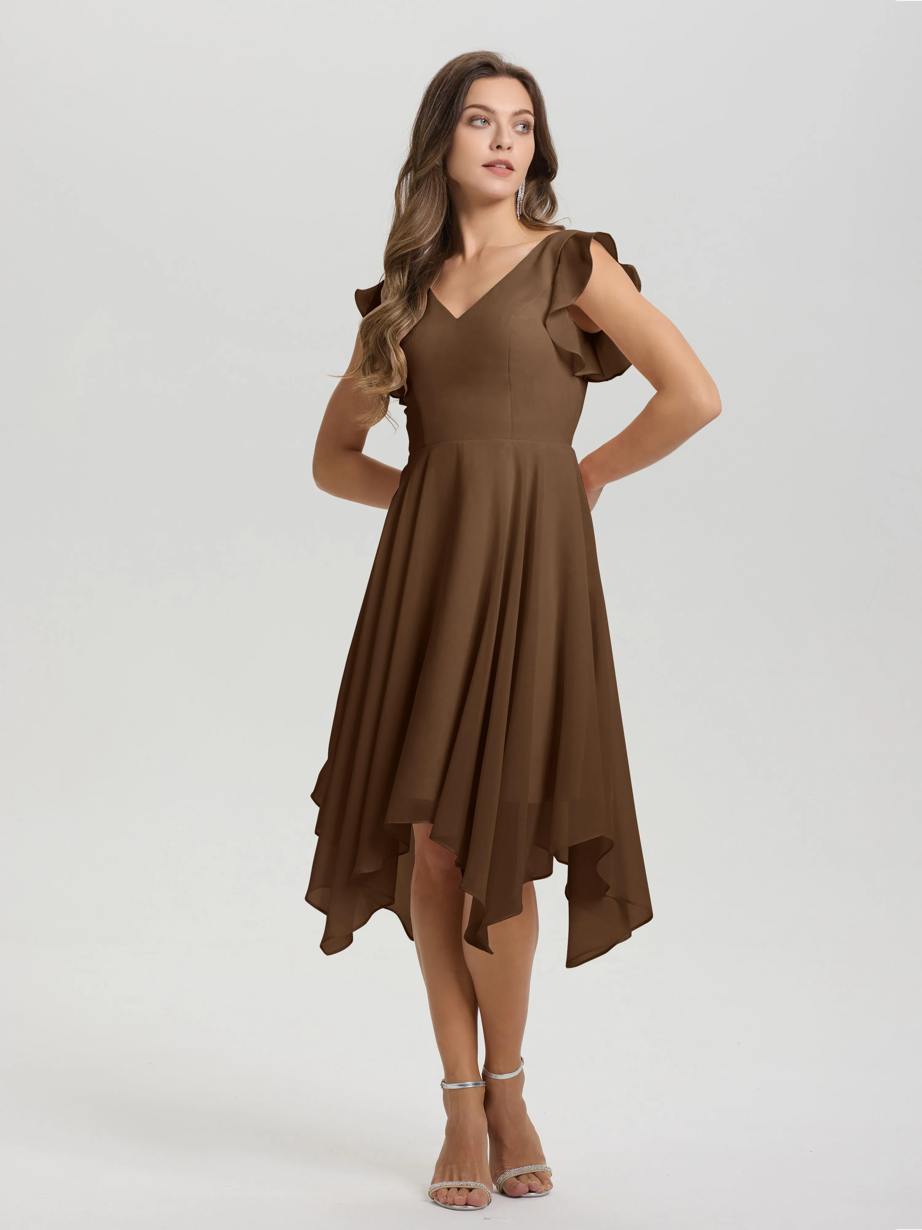 Ruffle Sleeves V-neck Asymmetrical Tea Length Chiffon Bridesmaid Dresses