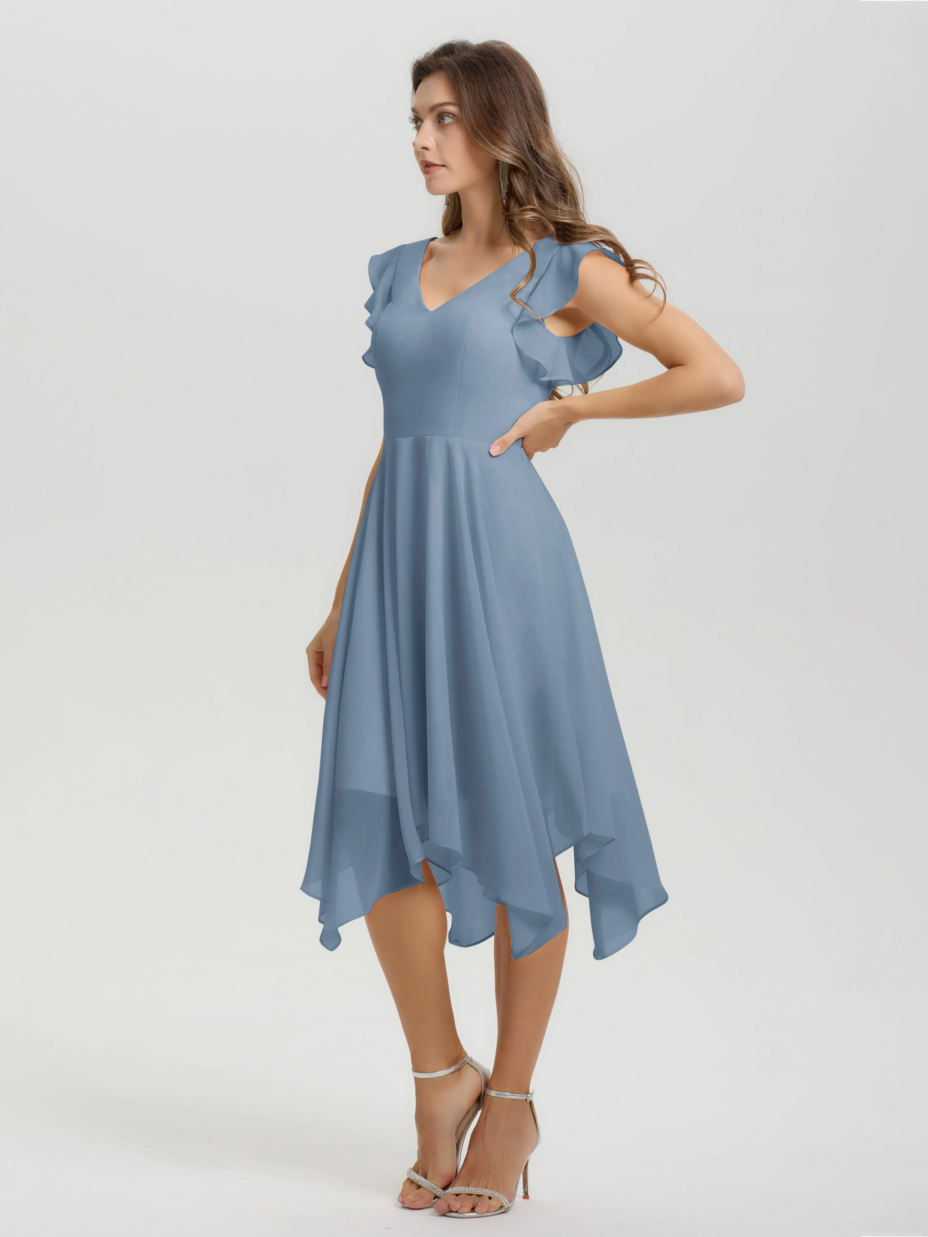 Ruffle Sleeves V-neck Asymmetrical Tea Length Chiffon Bridesmaid Dresses