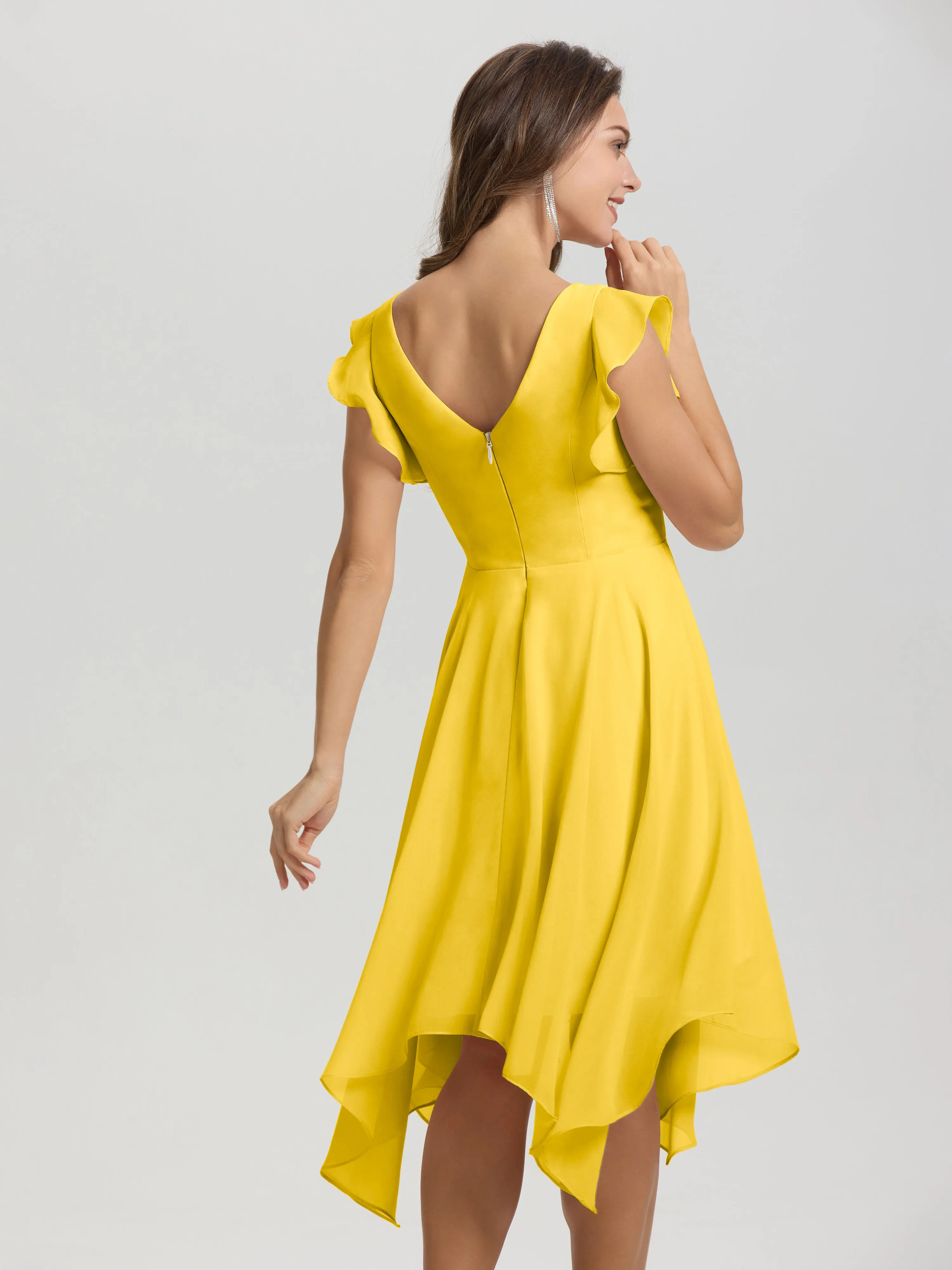 Ruffle Sleeves V-neck Asymmetrical Tea Length Chiffon Bridesmaid Dresses
