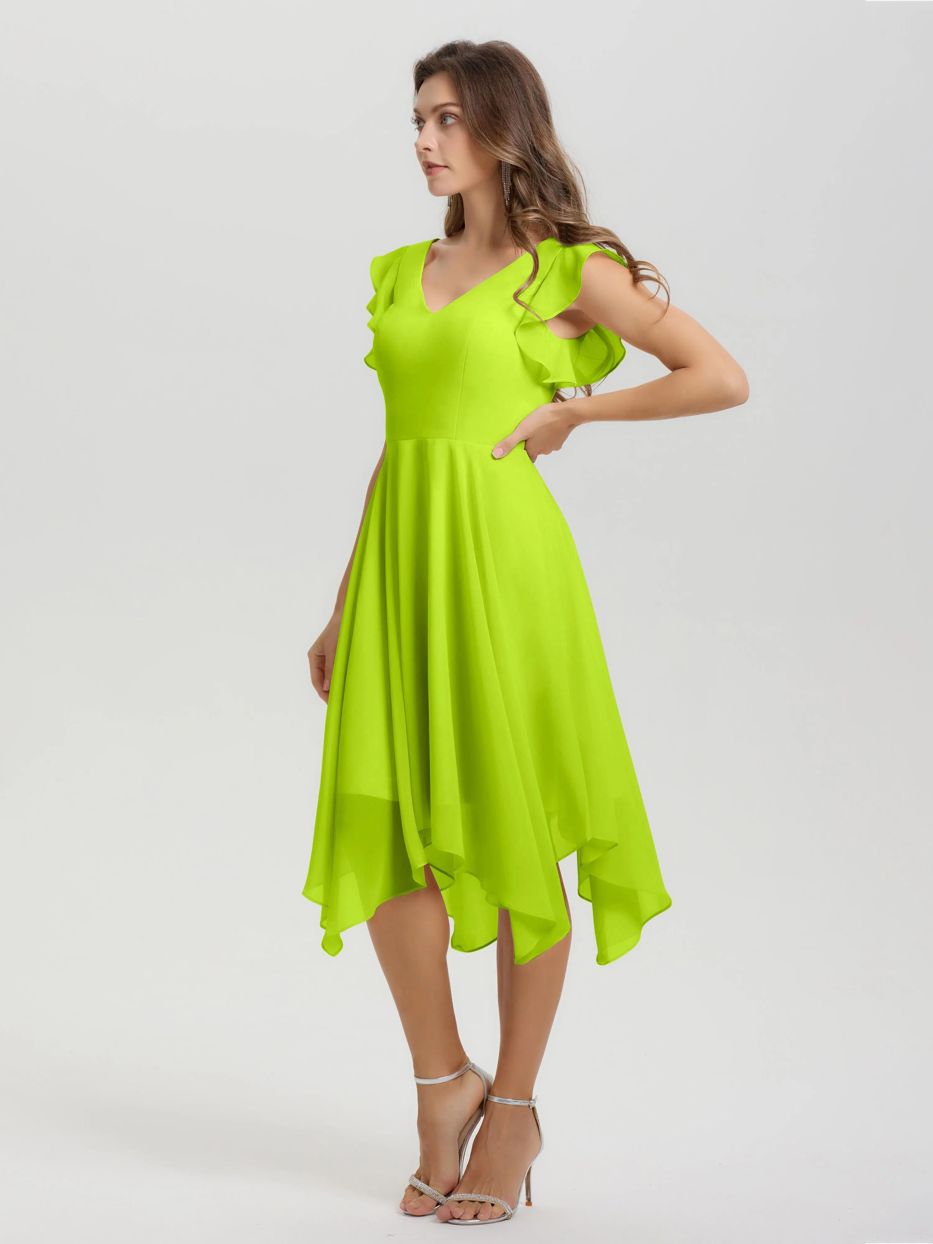 Ruffle Sleeves V-neck Asymmetrical Tea Length Chiffon Bridesmaid Dresses