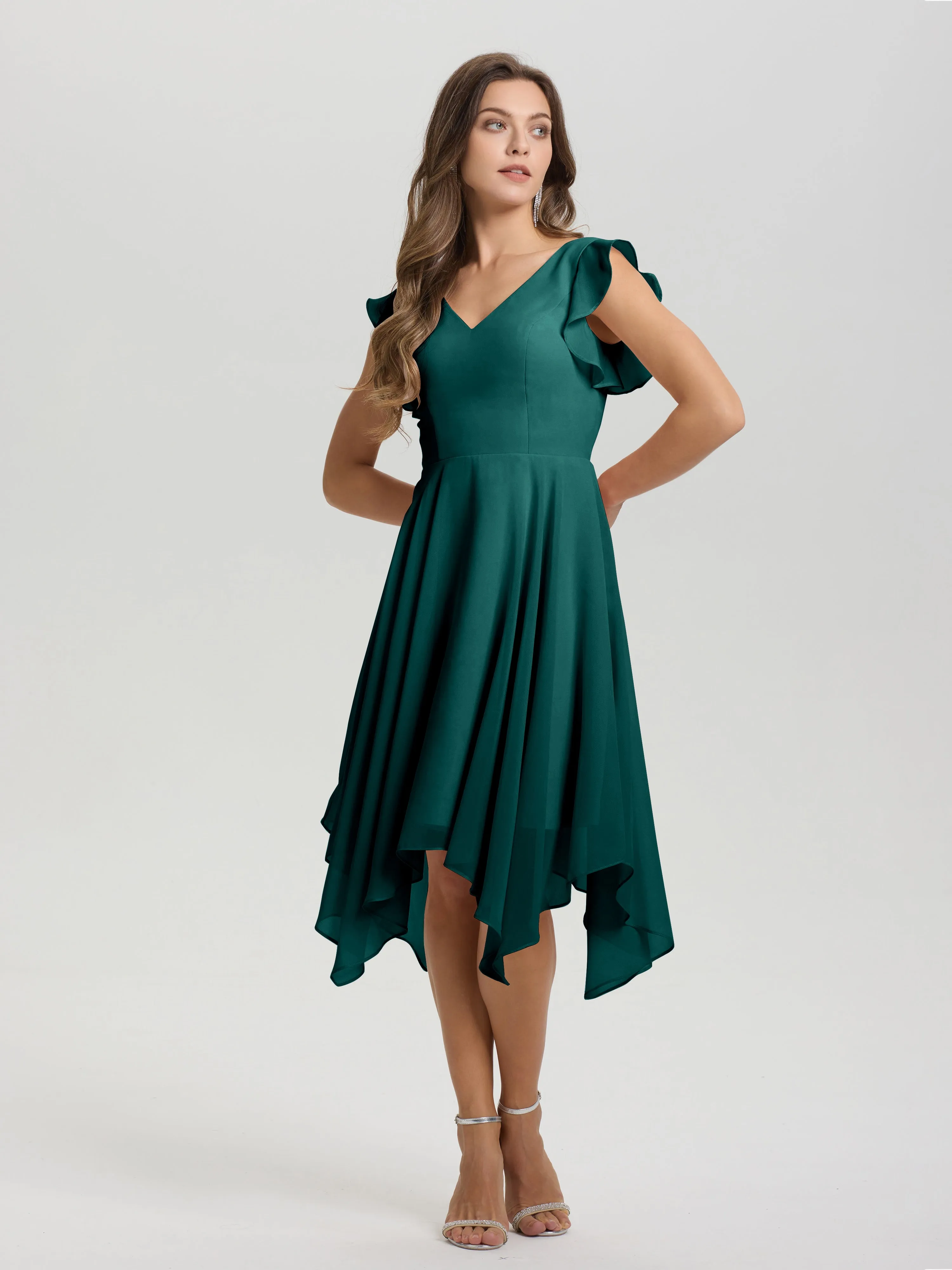 Ruffle Sleeves V-neck Asymmetrical Tea Length Chiffon Bridesmaid Dresses