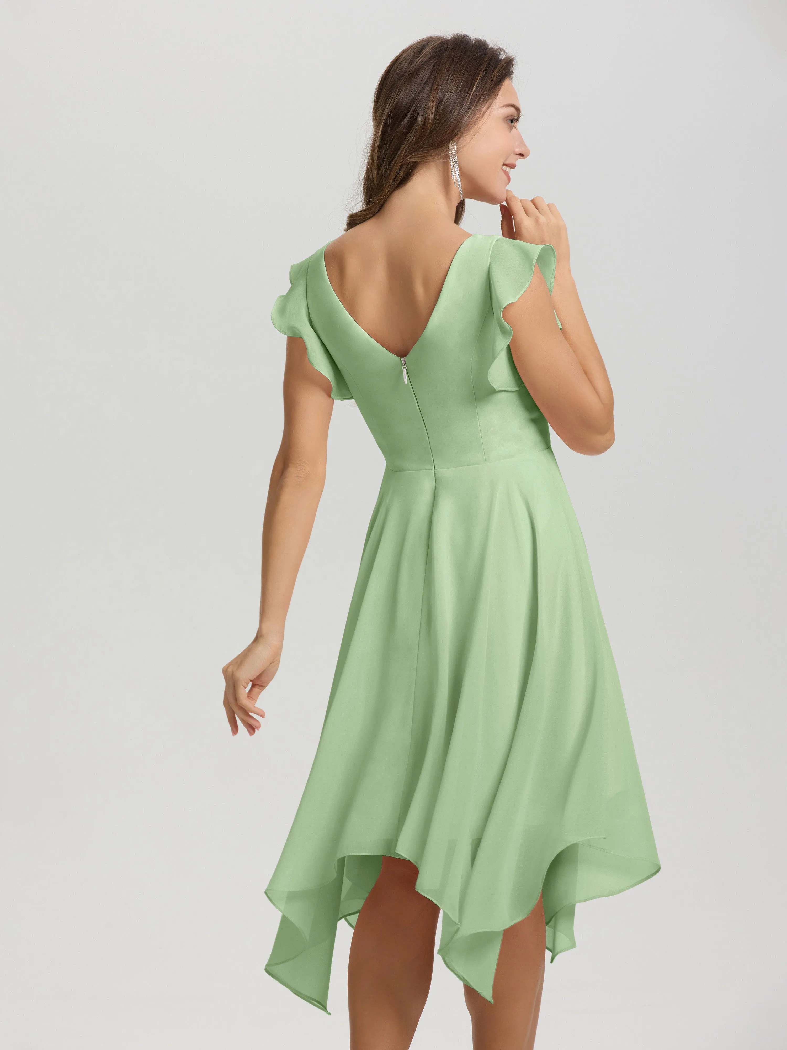 Ruffle Sleeves V-neck Asymmetrical Tea Length Chiffon Bridesmaid Dresses