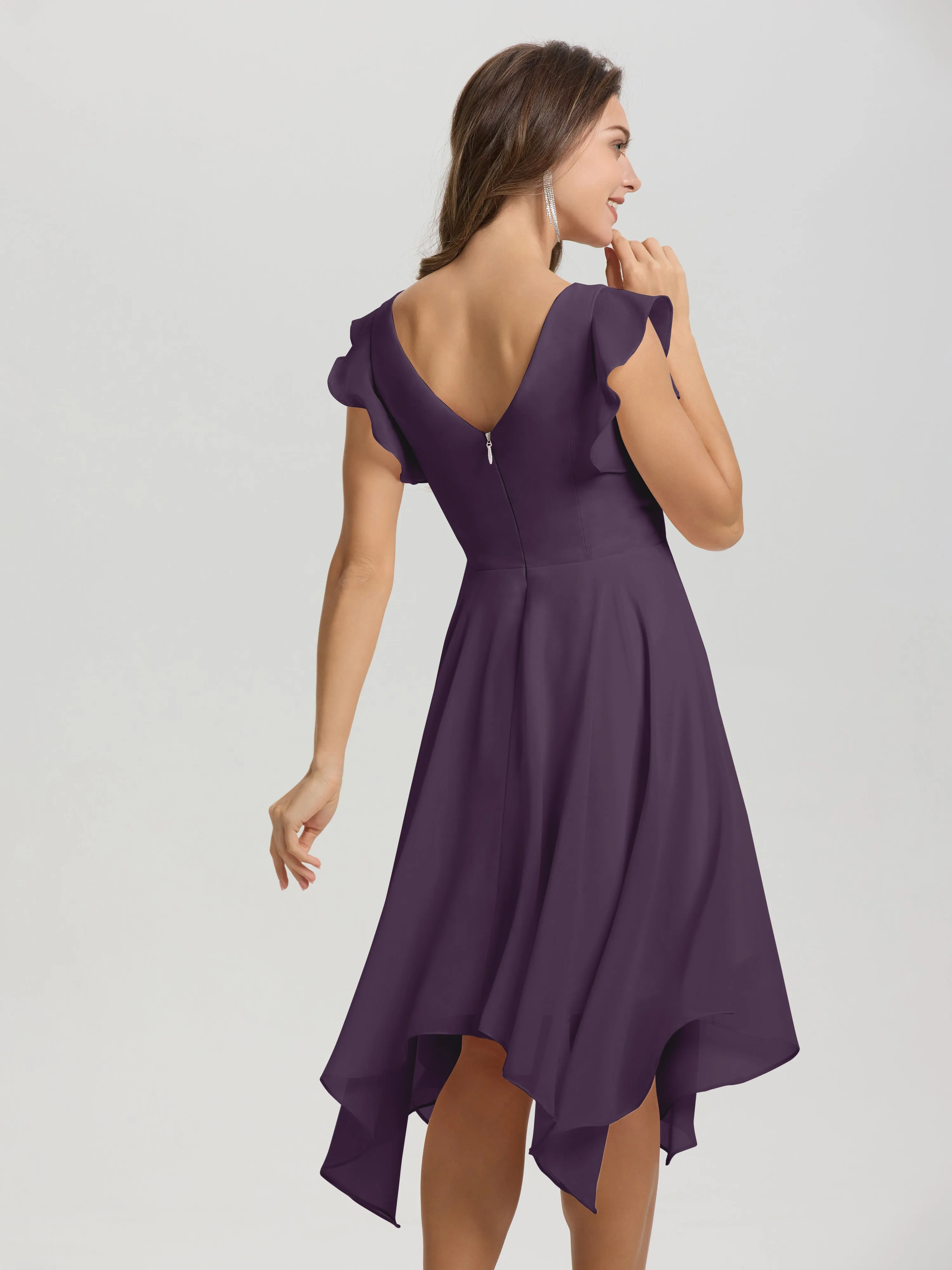 Ruffle Sleeves V-neck Asymmetrical Tea Length Chiffon Bridesmaid Dresses