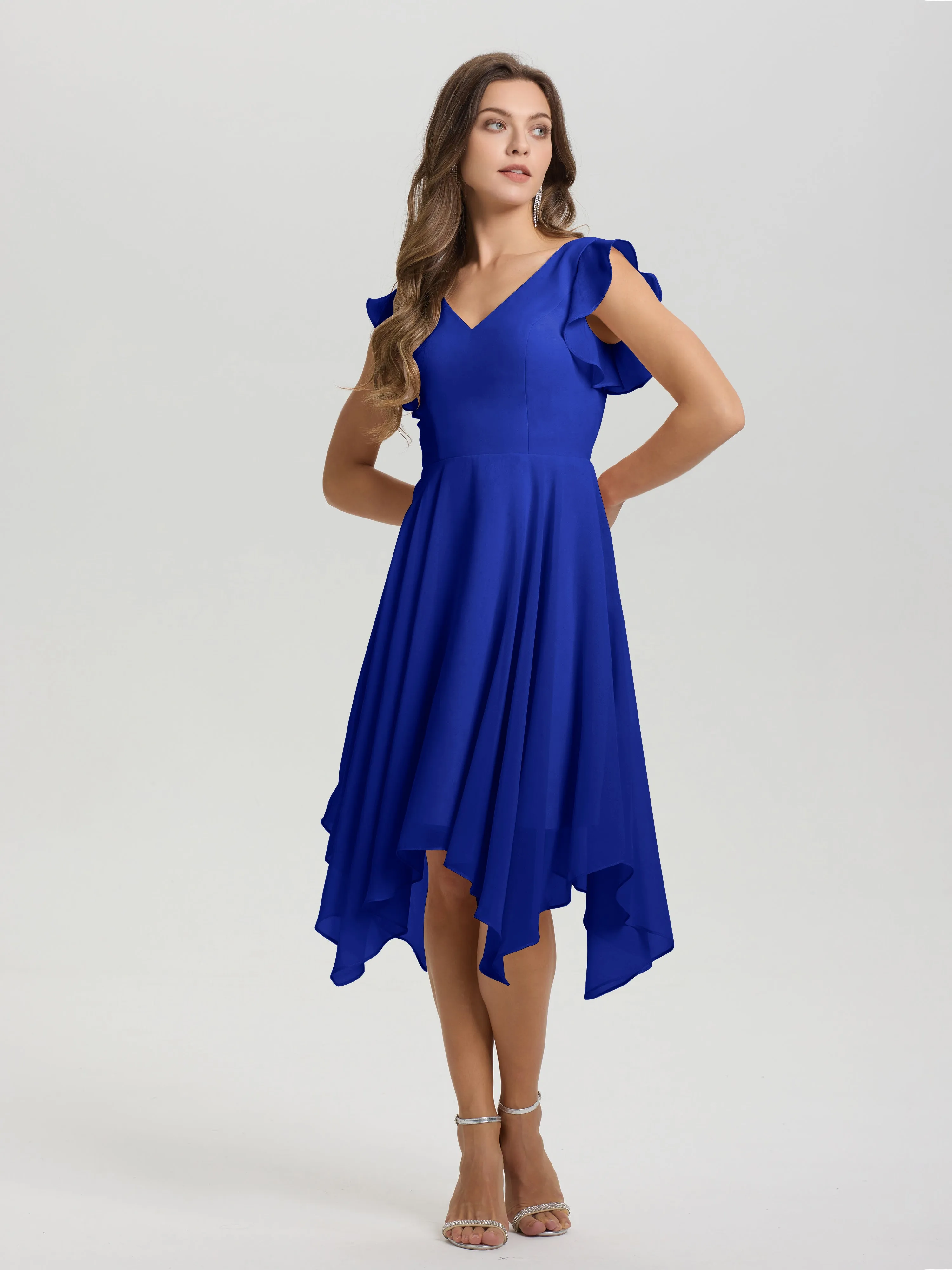 Ruffle Sleeves V-neck Asymmetrical Tea Length Chiffon Bridesmaid Dresses